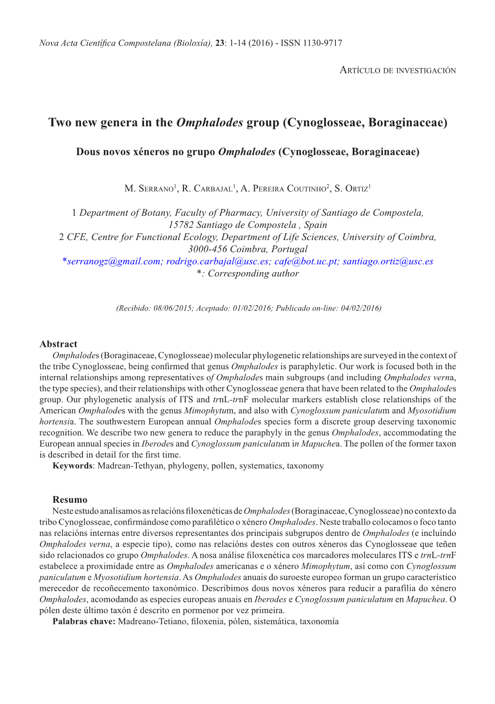 Two New Genera in the Omphalodes Group (Cynoglosseae, Boraginaceae)