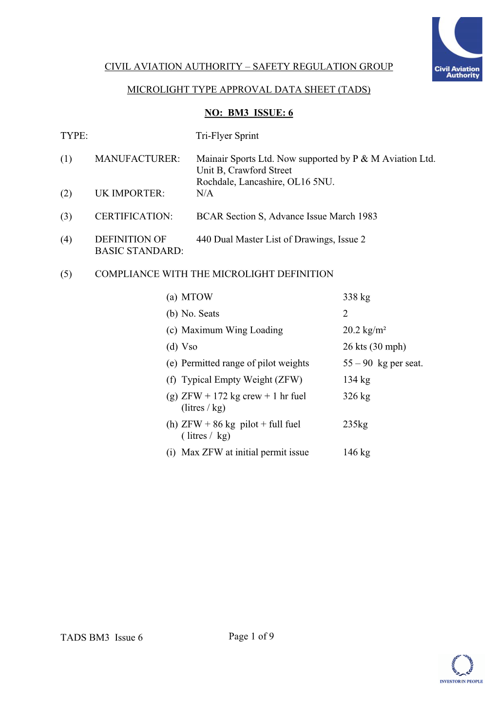 Civil Aviation Authority – Safety Regulation Group