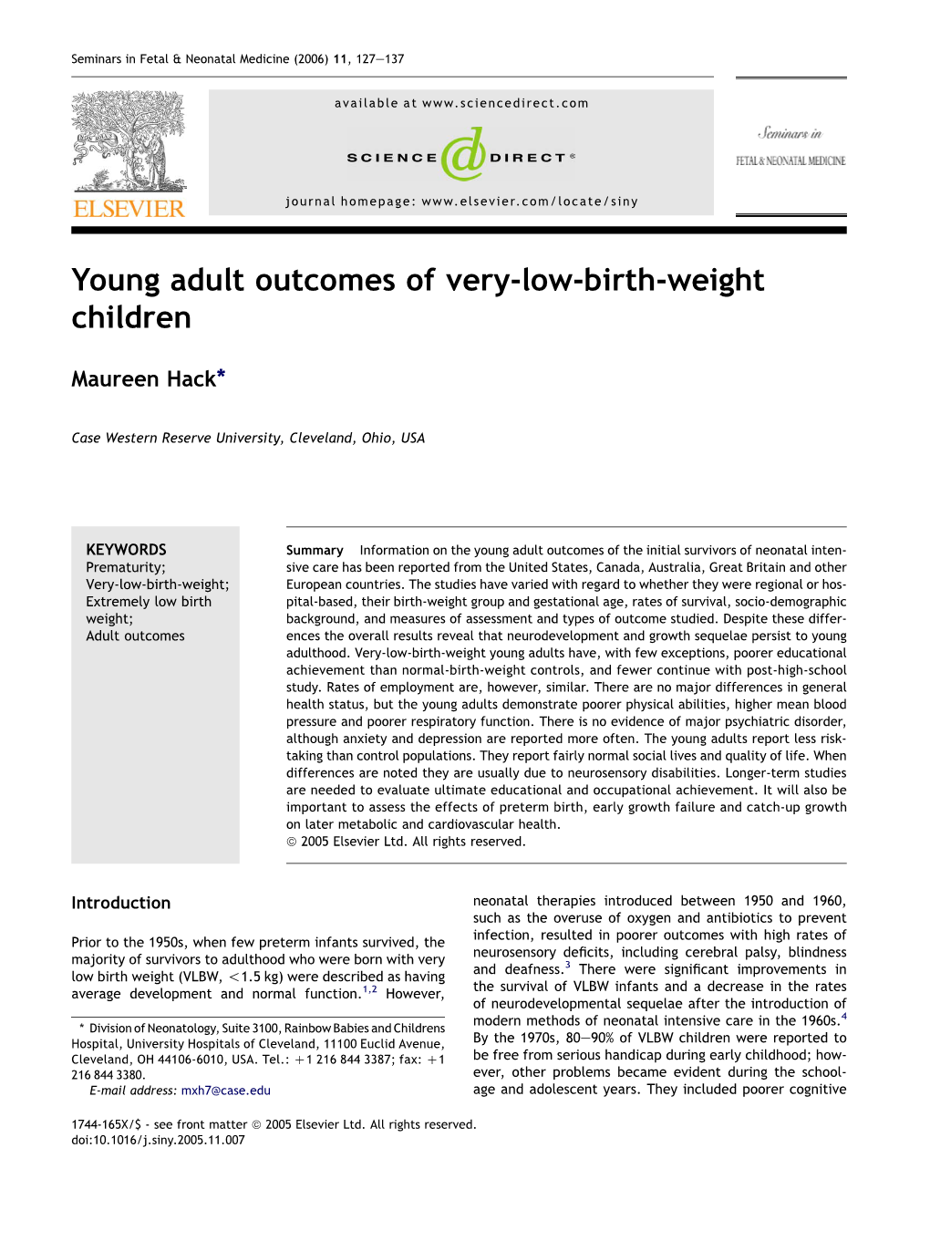 Young Adult Outcomes of Very-Low-Birth-Weight Children