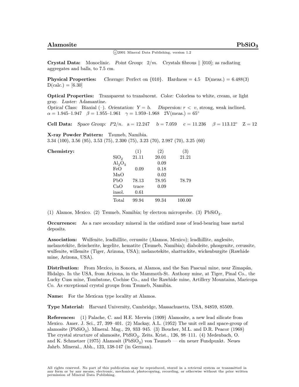 Alamosite Pbsio3 C 2001 Mineral Data Publishing, Version 1.2 ° Crystal Data: Monoclinic