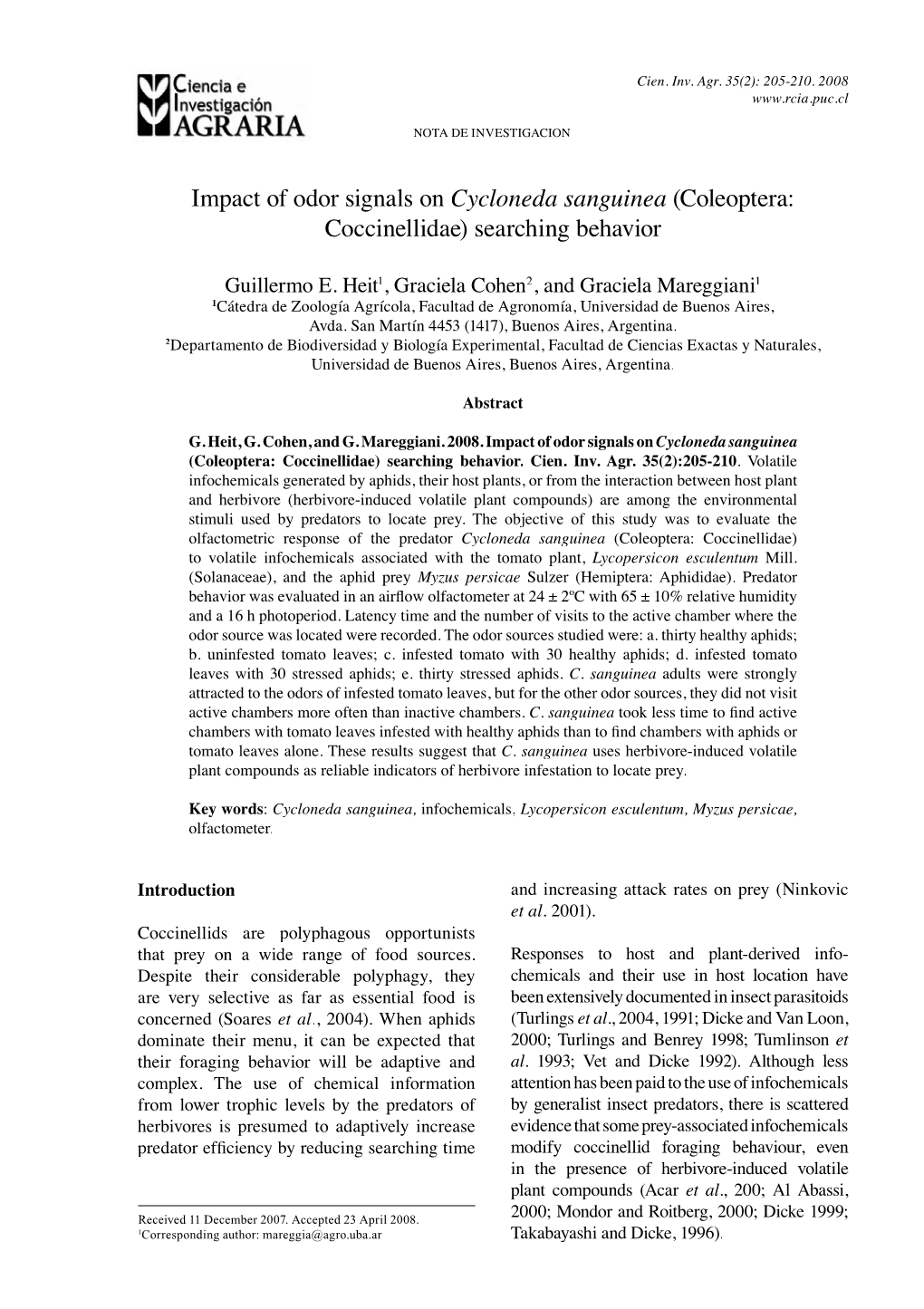 Impact of Odor Signals on Cycloneda Sanguinea (Coleoptera: Coccinellidae) Searching Behavior