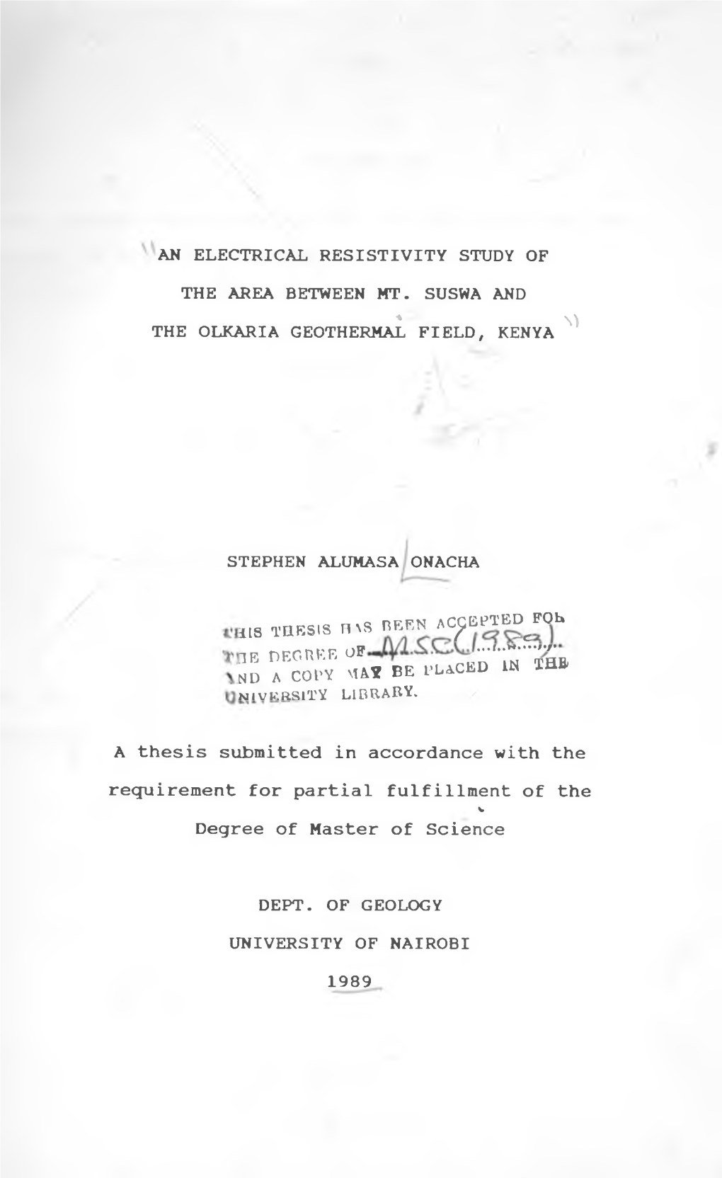 An Electrical Resistivity Study of the Area Between Mt. Suswa and The