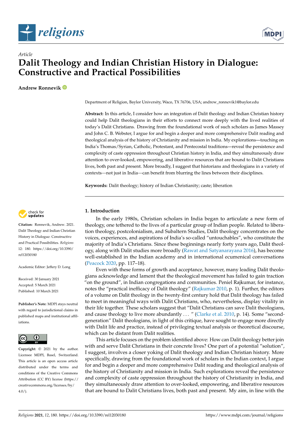 Dalit Theology and Indian Christian History in Dialogue: Constructive and Practical Possibilities