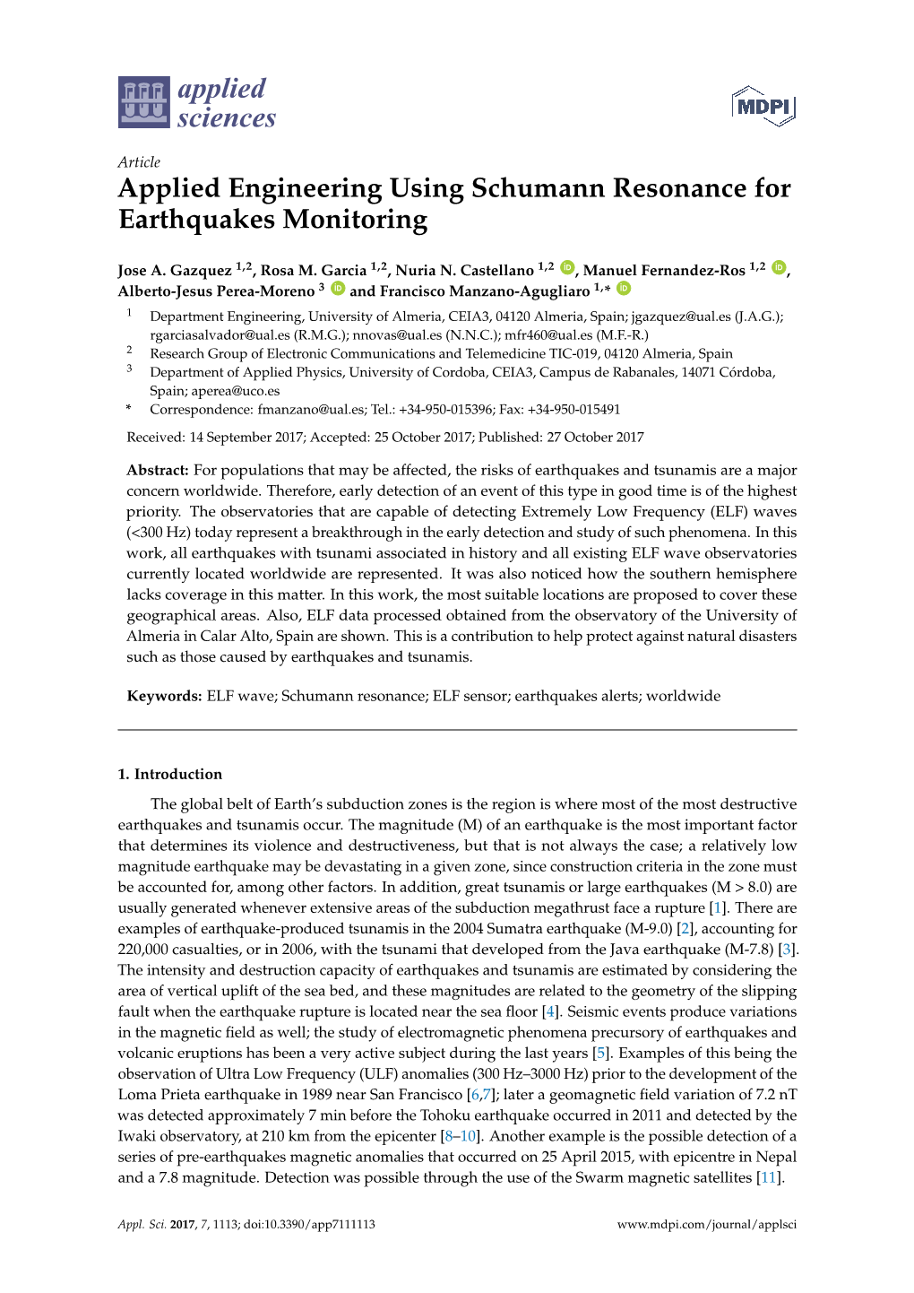 Applied Engineering Using Schumann Resonance for Earthquakes Monitoring