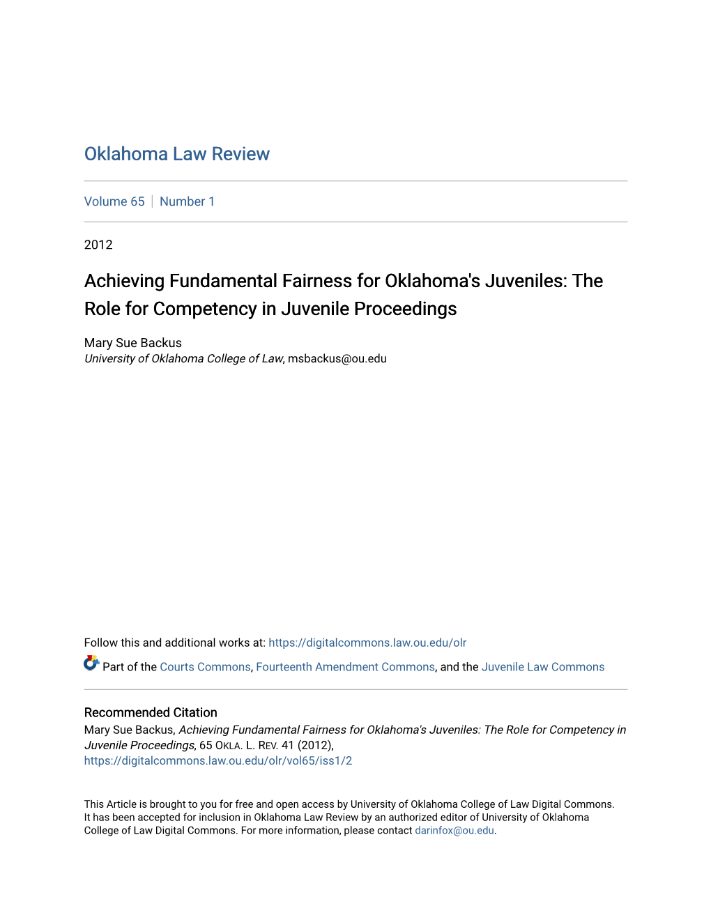 Achieving Fundamental Fairness for Oklahoma's Juveniles: the Role for Competency in Juvenile Proceedings