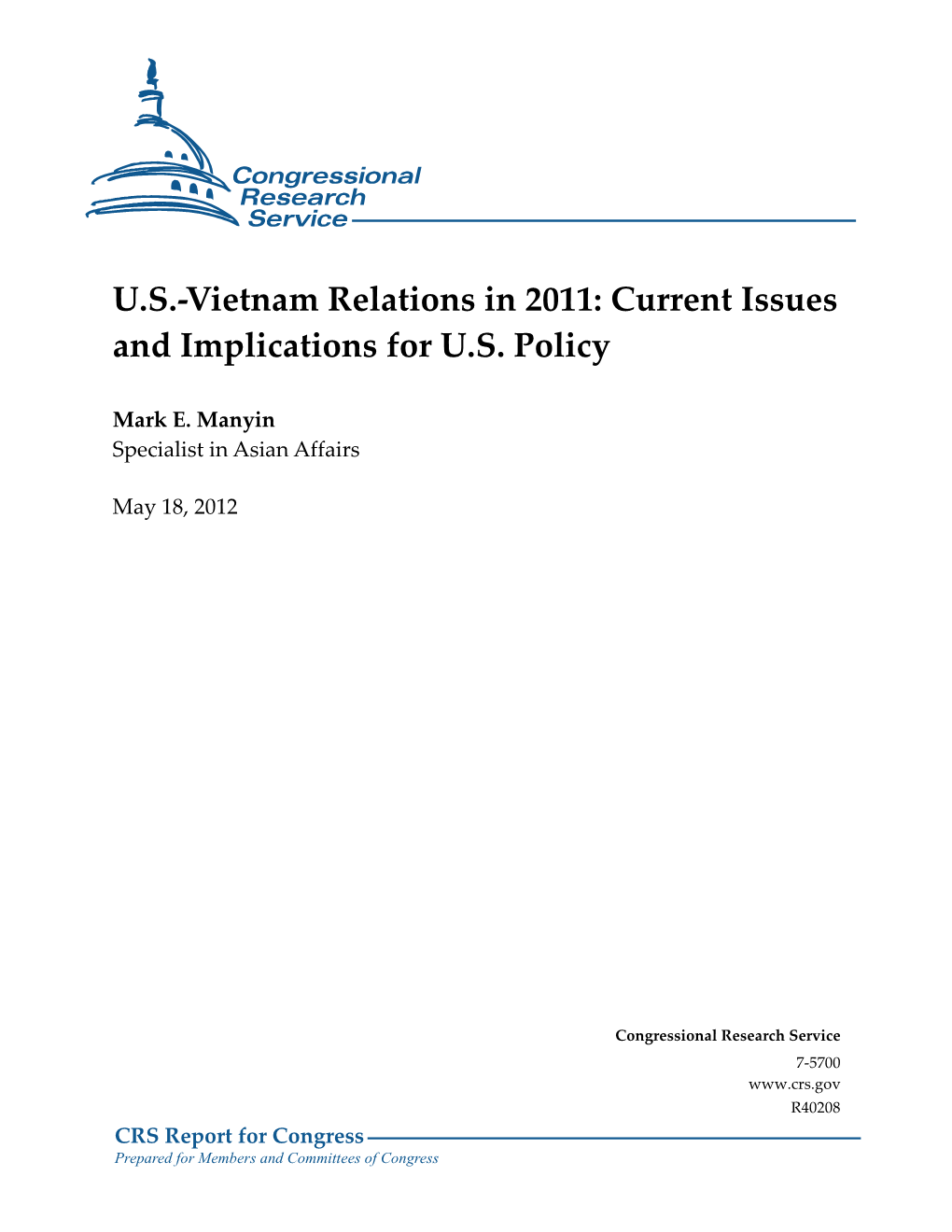 U.S.-Vietnam Relations in 2011: Current Issues and Implications for U.S. Policy