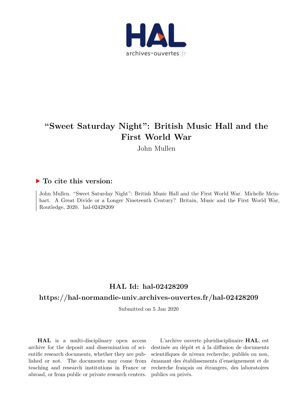 ``Sweet Saturday Night'': British Music Hall and the First World