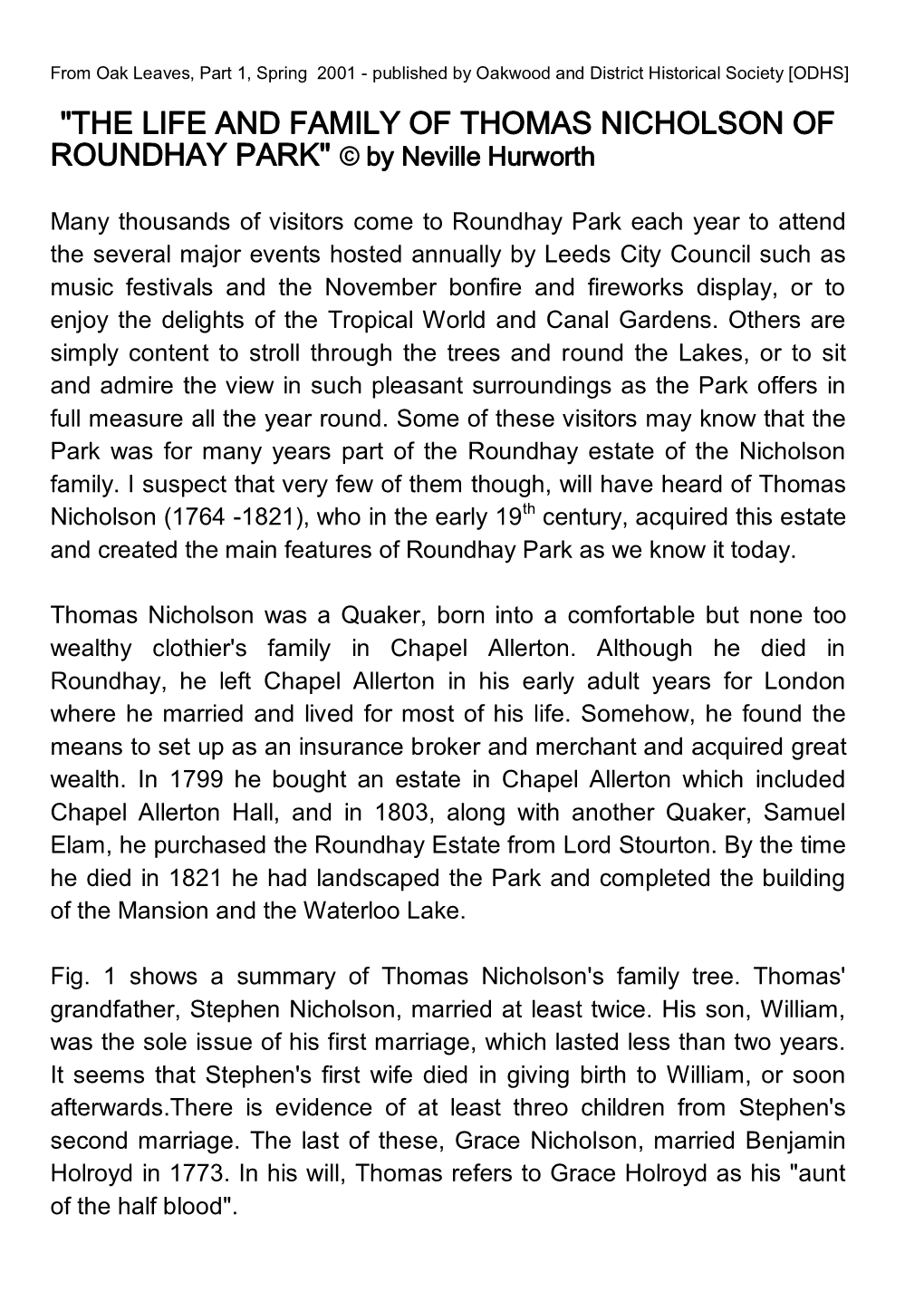 THE LIFE and FAMILY of THOMAS NICHOLSON of ROUNDHAY PARK