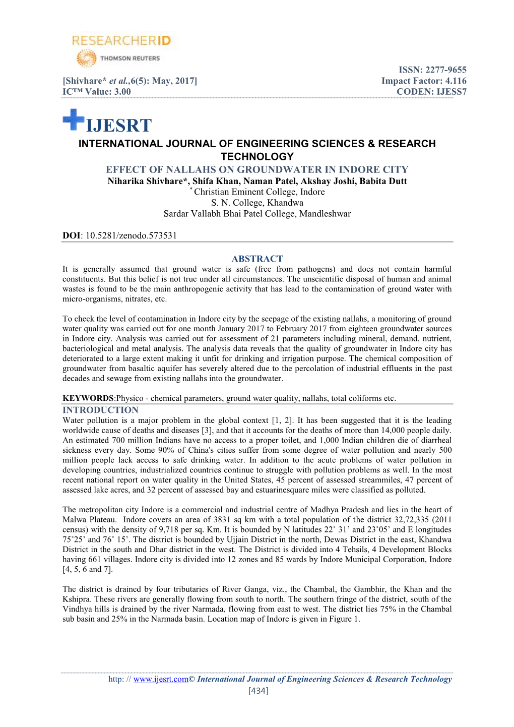 EFFECT of NALLAHS on GROUNDWATER in INDORE CITY Niharika Shivhare*, Shifa Khan, Naman Patel, Akshay Joshi, Babita Dutt * Christian Eminent College, Indore S