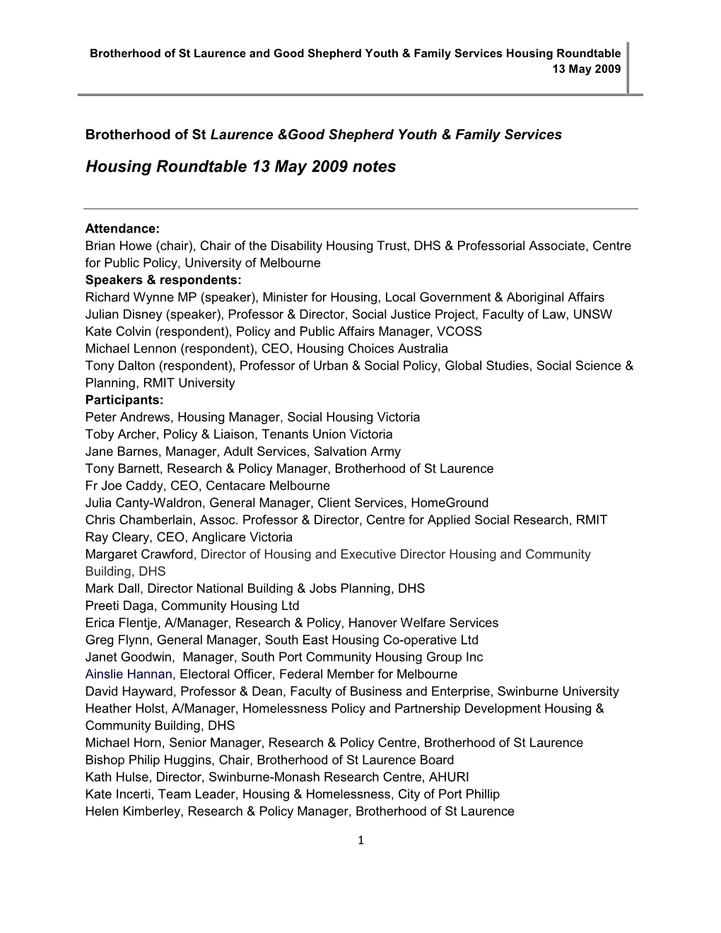 Housing Roundtable 13 May 2009 Notes