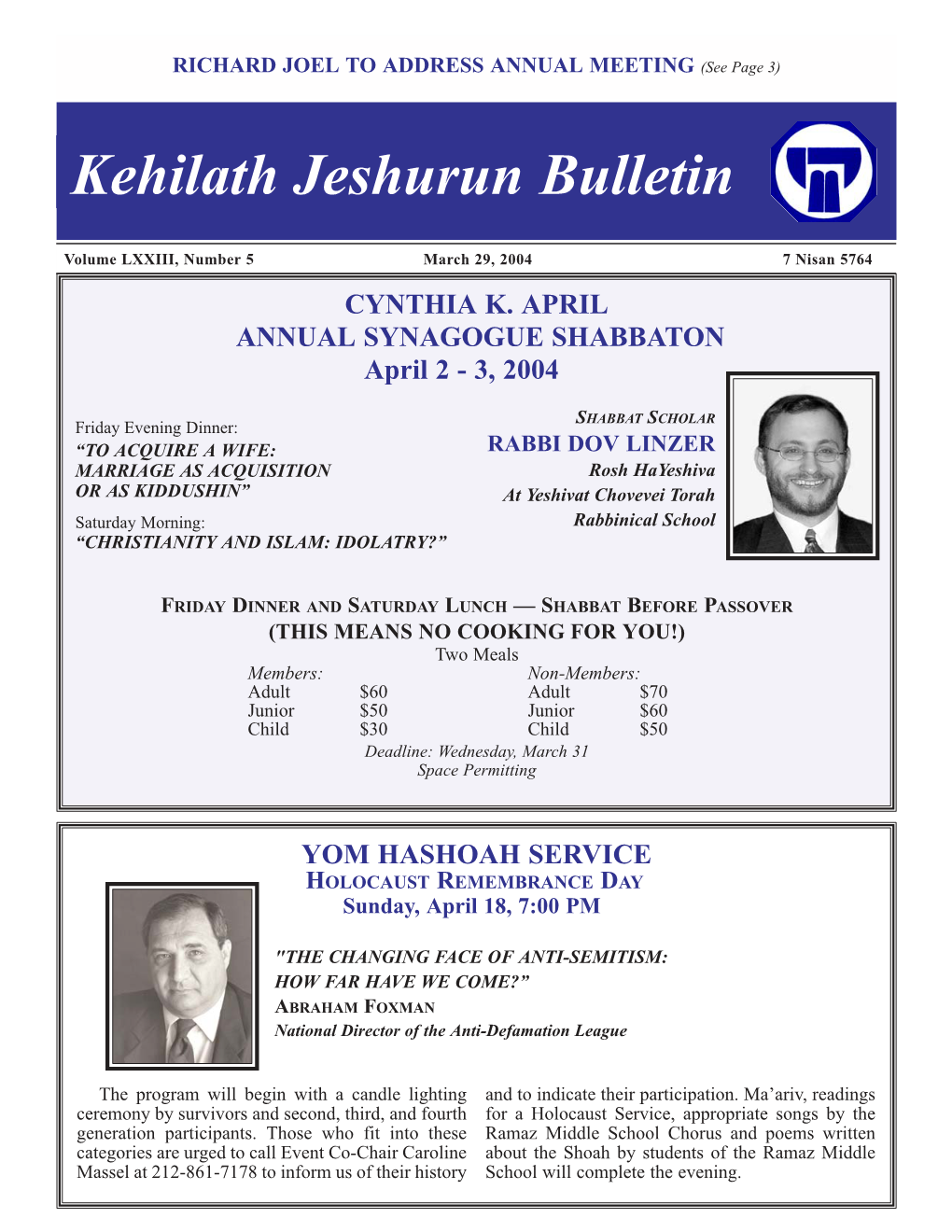 Kehilath Jeshurun Bulletin