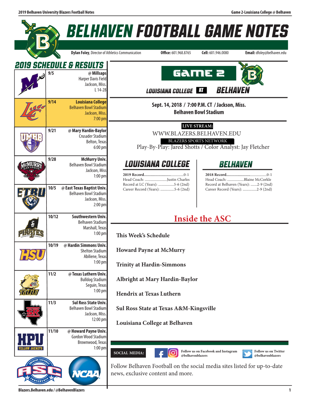 BELHAVEN FOOTBALL Game NOTES