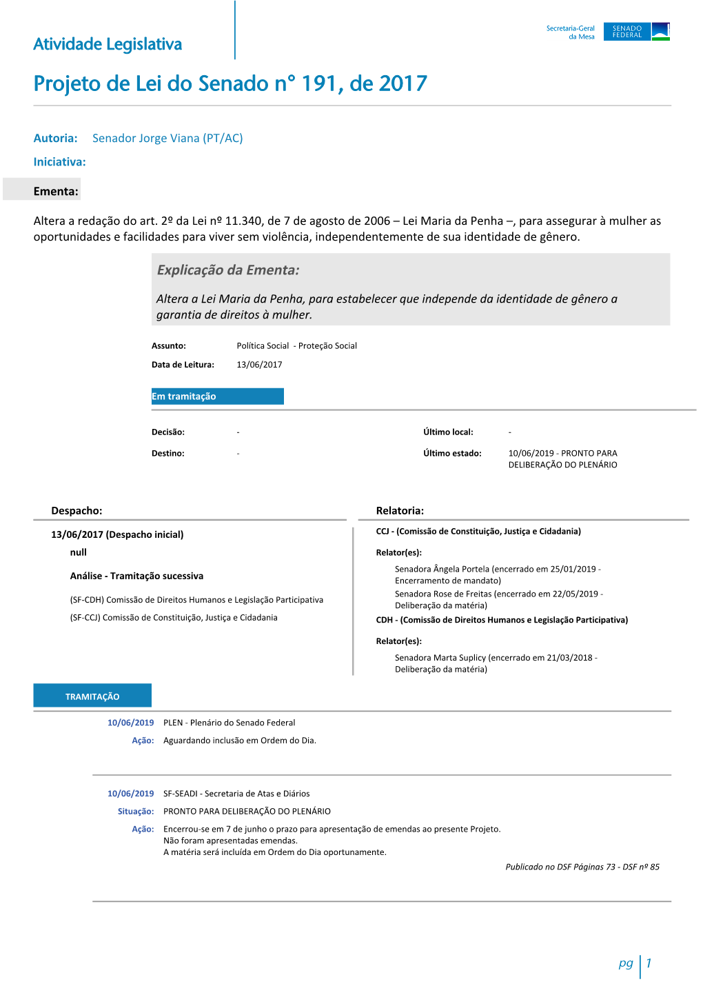 Atividade Legislativa Projeto De Lei Do Senado N° 191, De 2017