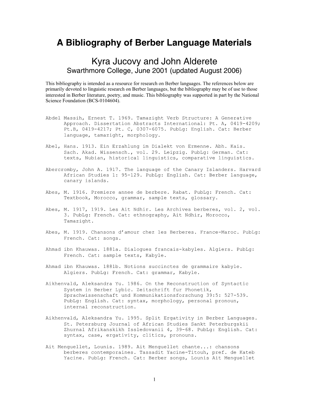A Bibliography of Berber Language Materials Kyra Jucovy and John