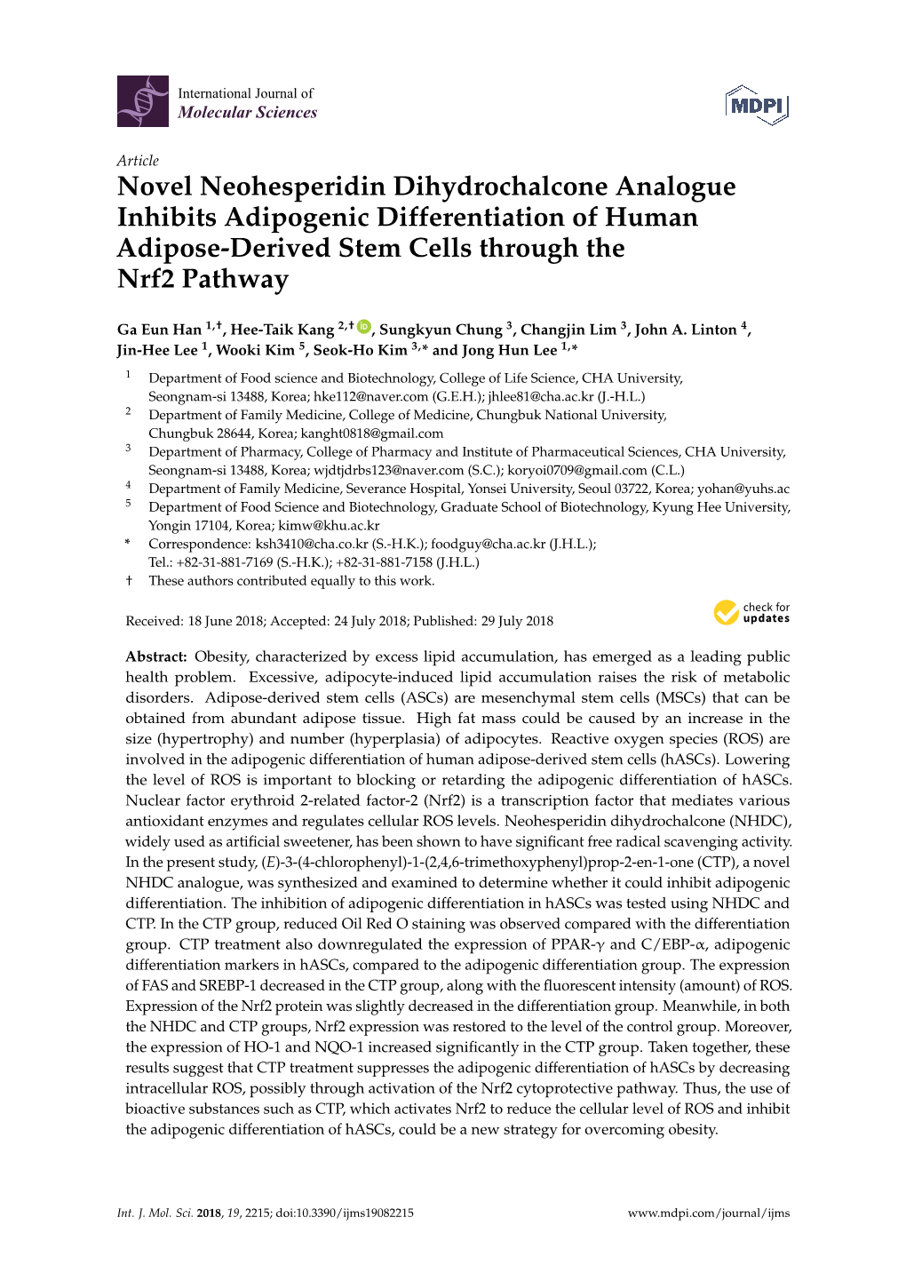 Novel Neohesperidin Dihydrochalcone Analogue Inhibits Adipogenic Differentiation of Human Adipose-Derived Stem Cells Through the Nrf2 Pathway