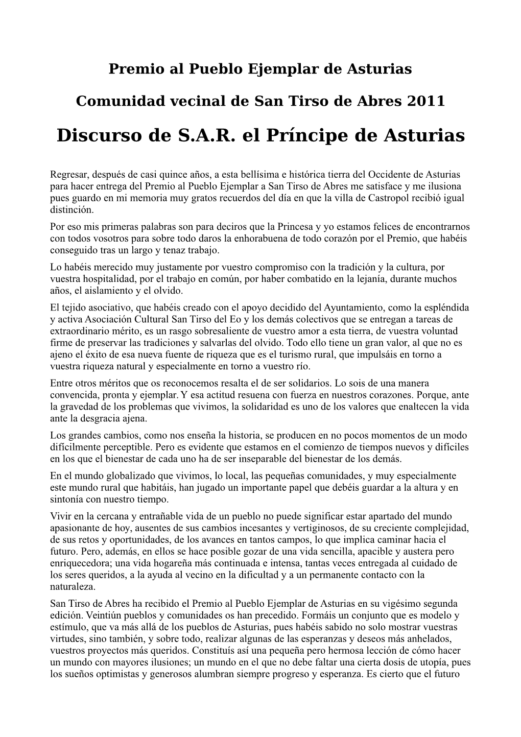 Discurso De S.A.R. El Príncipe De Asturias
