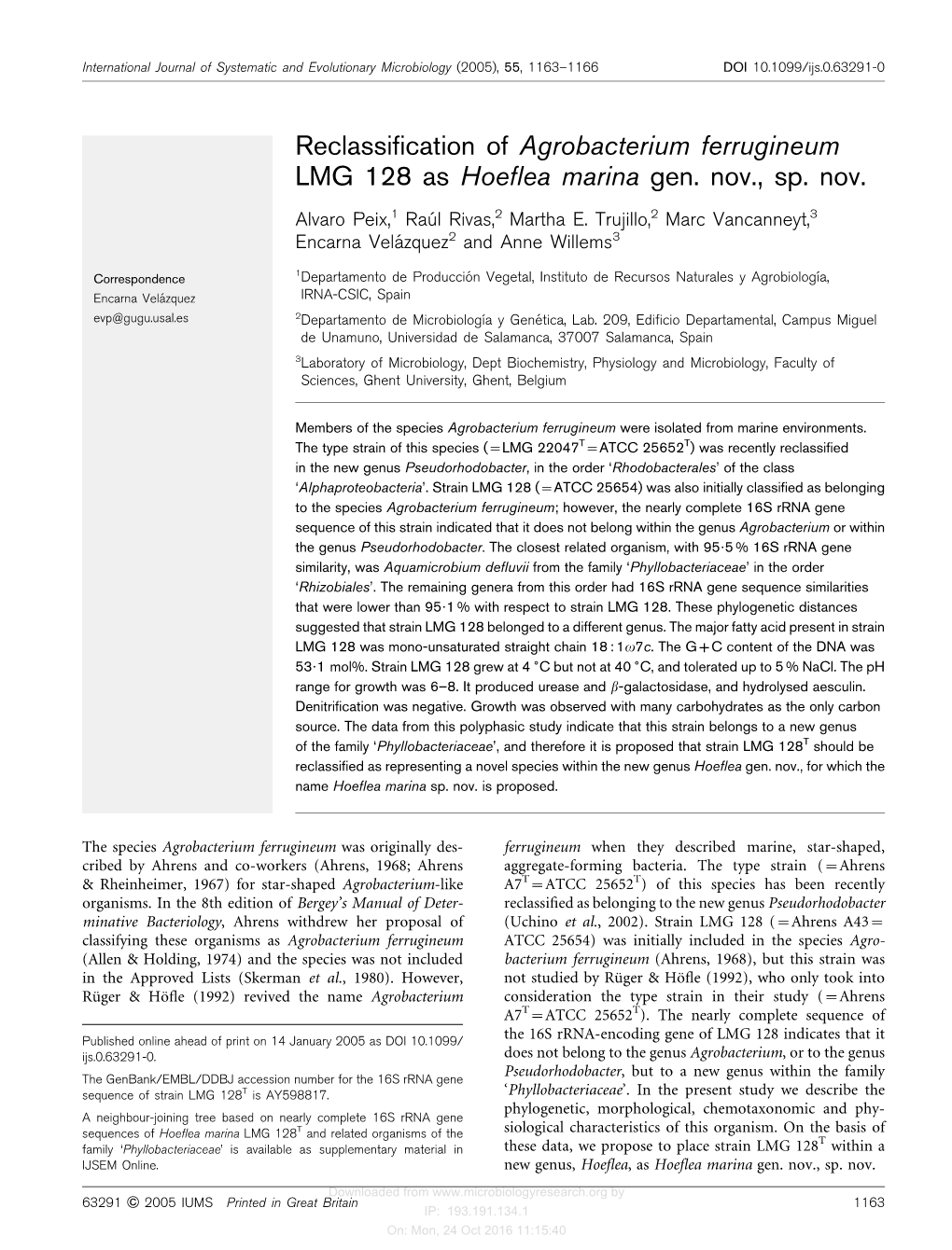 Reclassification of Agrobacterium Ferrugineum LMG 128 As Hoeflea