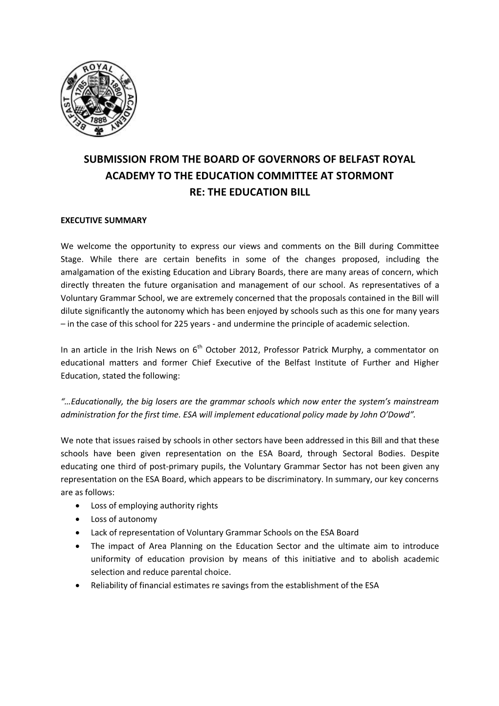 Belfast Royal Academy to the Education Committee at Stormont Re: the Education Bill