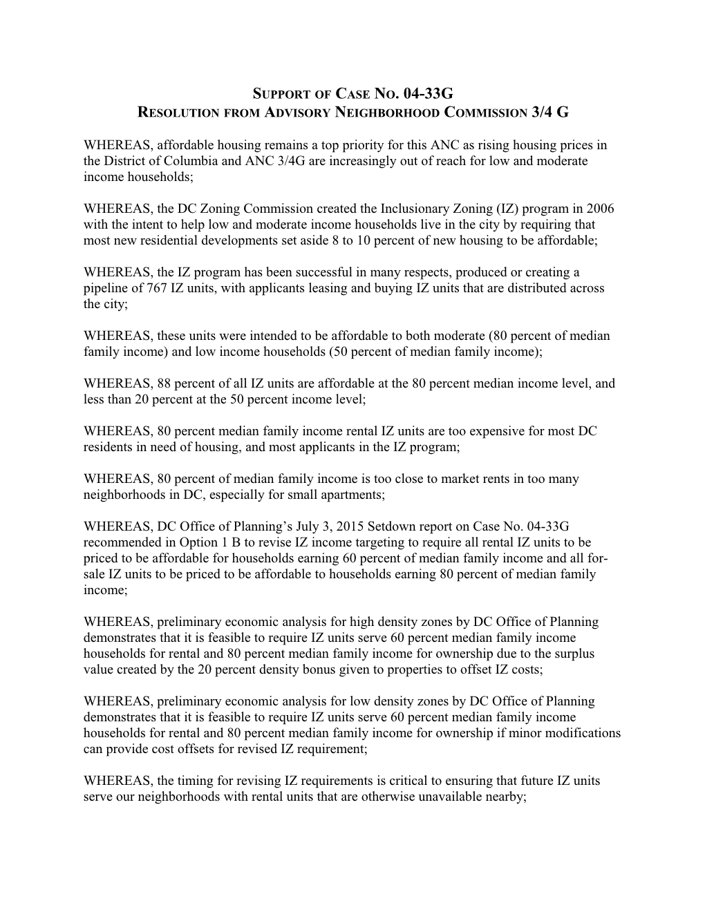 Resolution from Advisory Neighborhood Commission 3/4 G