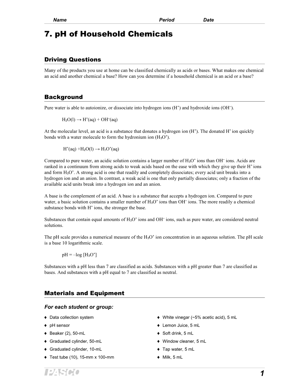 7. Ph of Household Chemicals