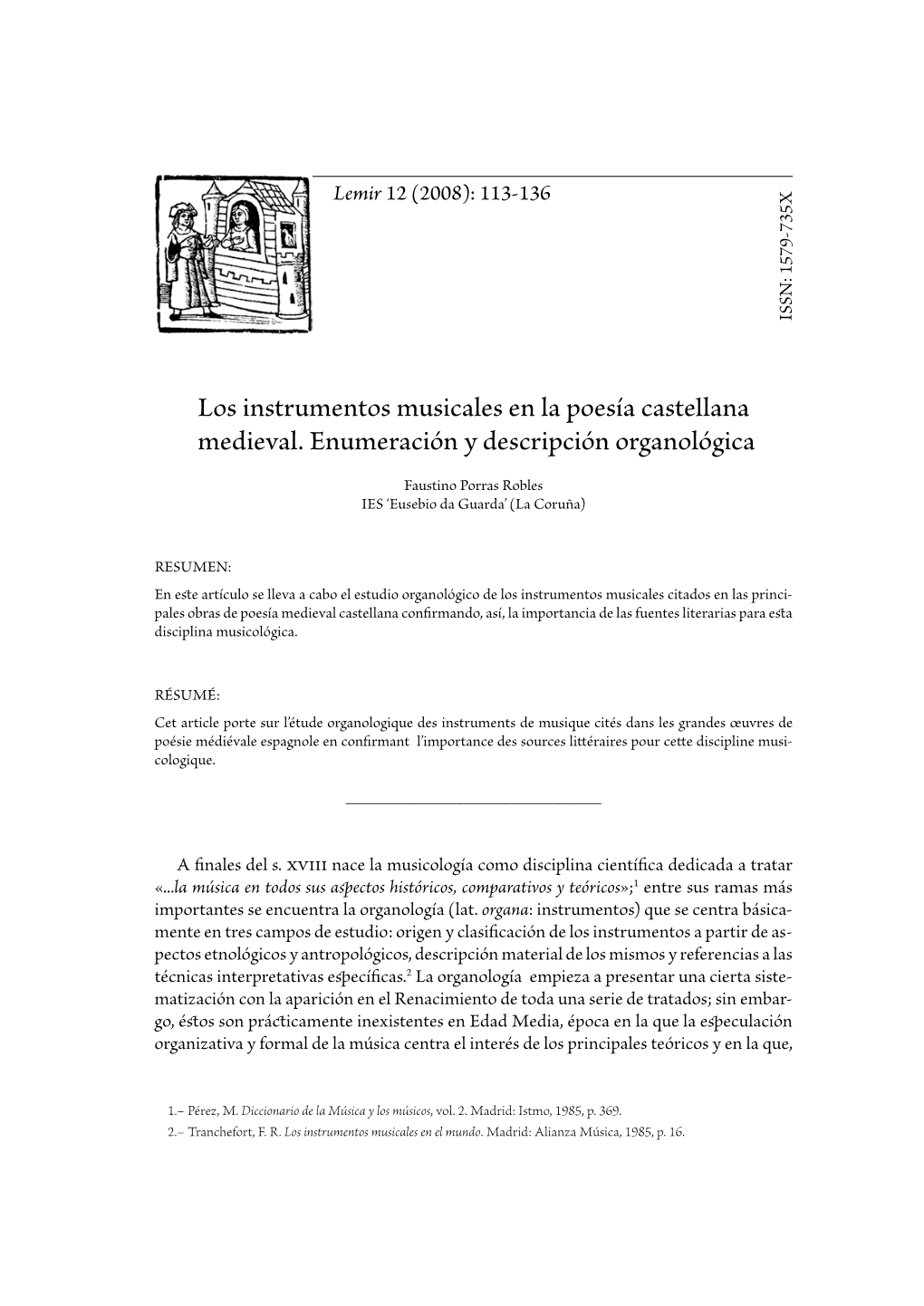 PORRAS ROBLES, Faustino, "Los Instrumentos Musicales En La Poesía Castellana Medieval. Enumeración Y Descripción Organológica"