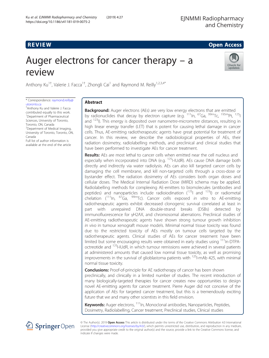 Auger Electrons for Cancer Therapy – a Review Anthony Ku1†, Valerie J