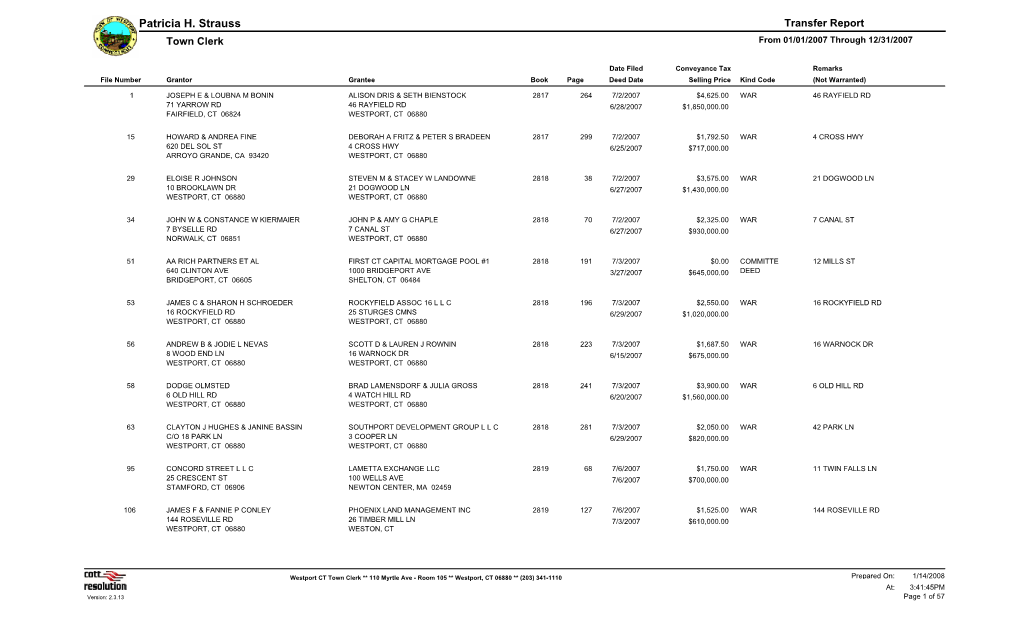 Transfer Report Town Clerk from 01/01/2007 Through 12/31/2007