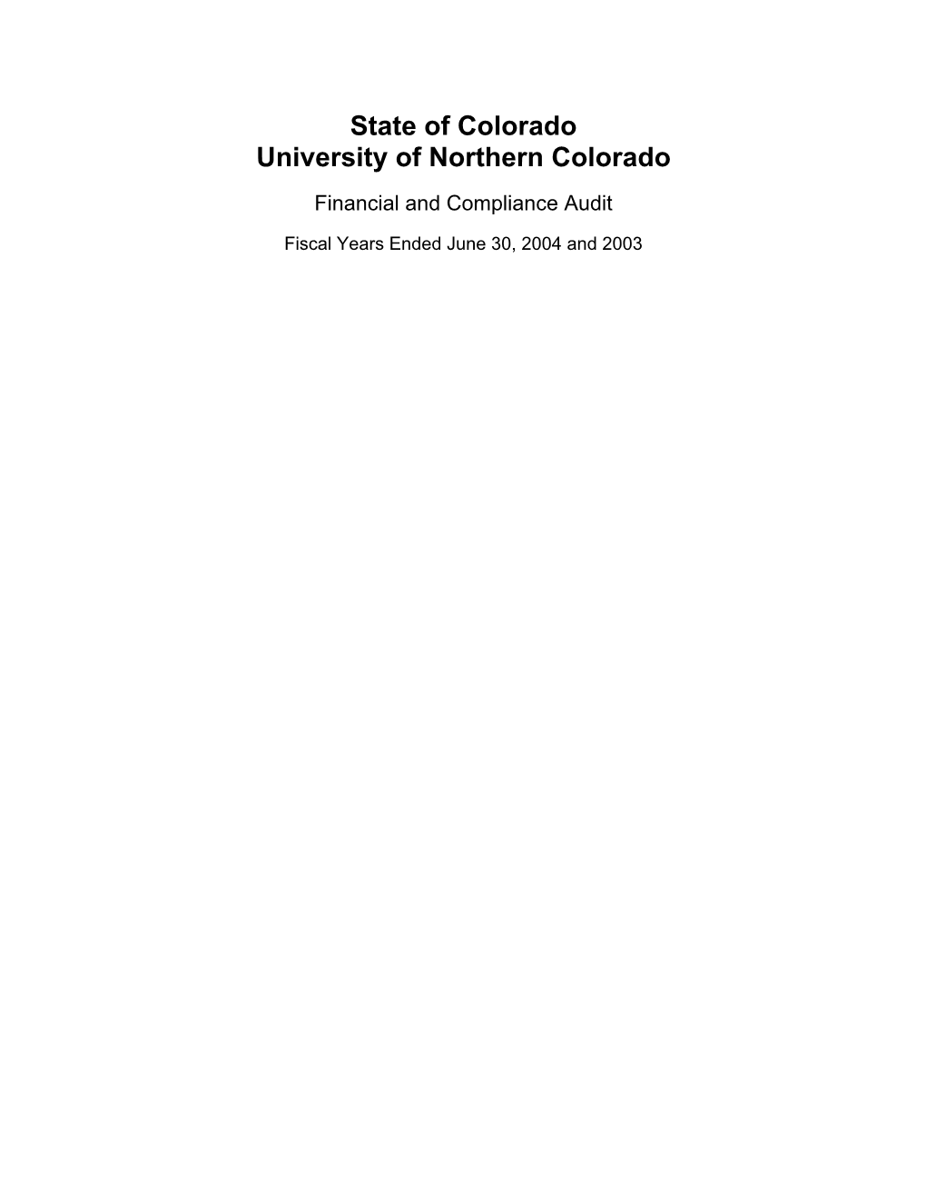 State of Colorado University of Northern Colorado