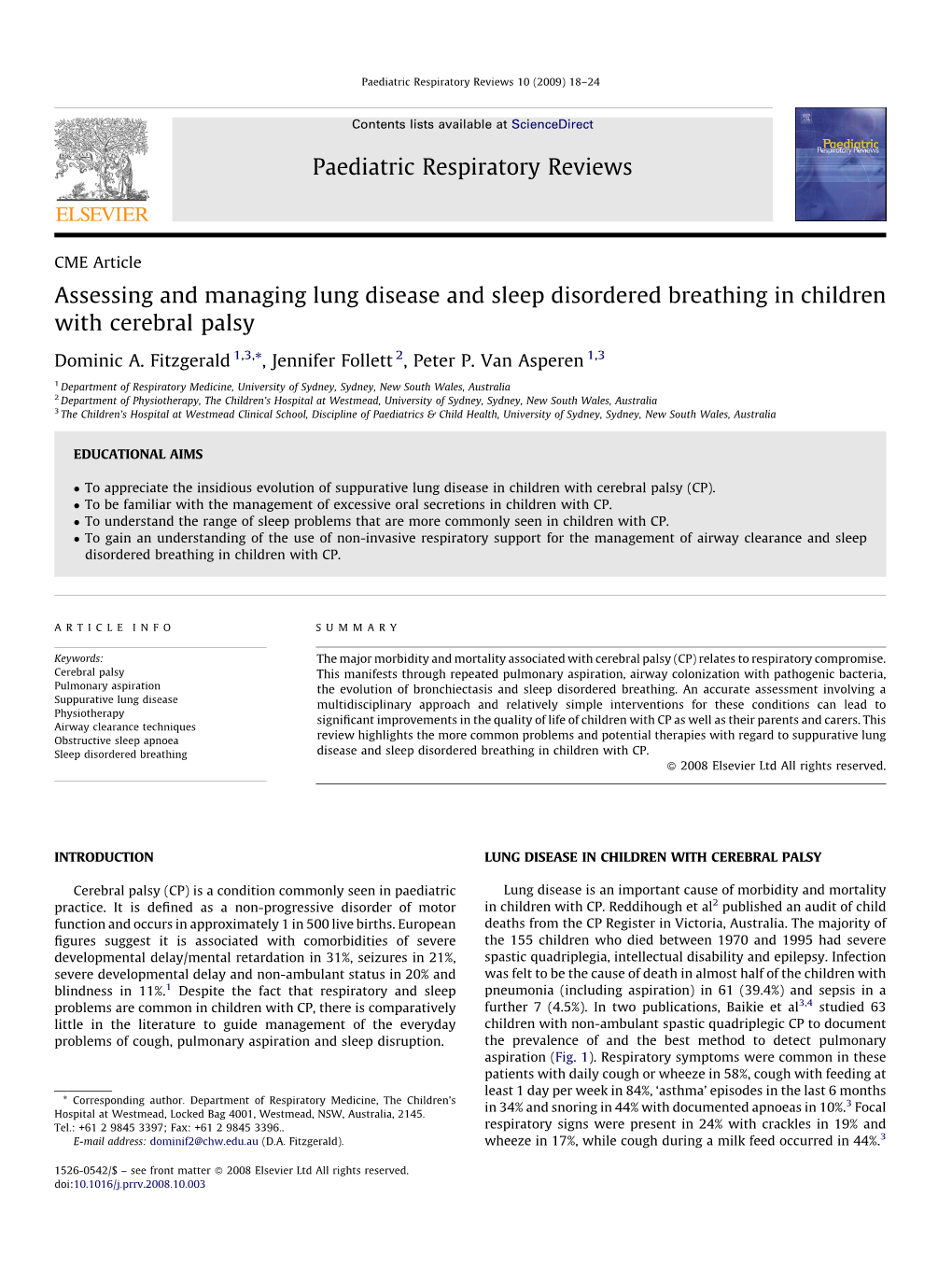 Assessing and Managing Lung Disease and Sleep Disordered Breathing in Children with Cerebral Palsy Paediatric Respiratory Review