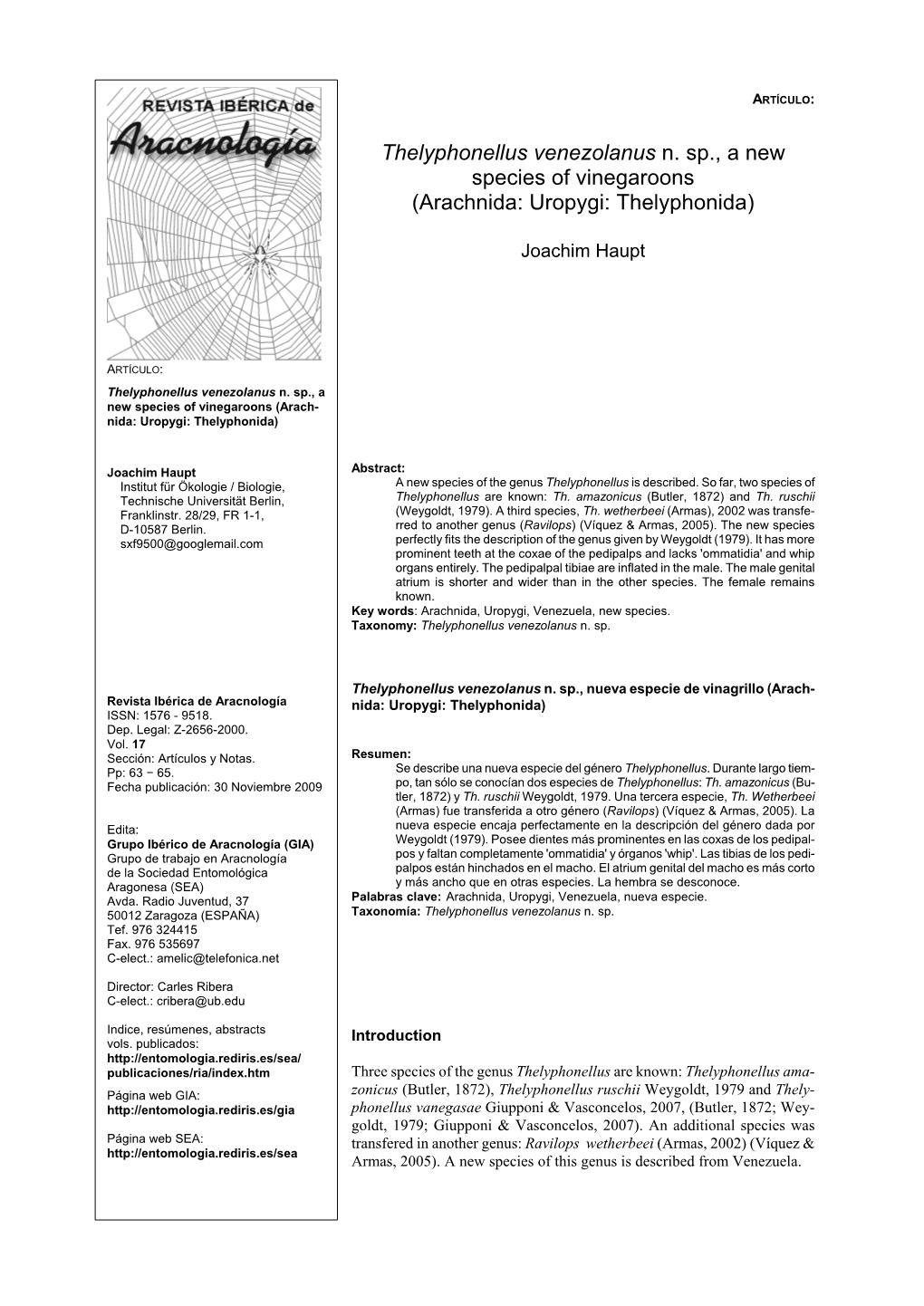 Arachnida: Uropygi: Thelyphonida)