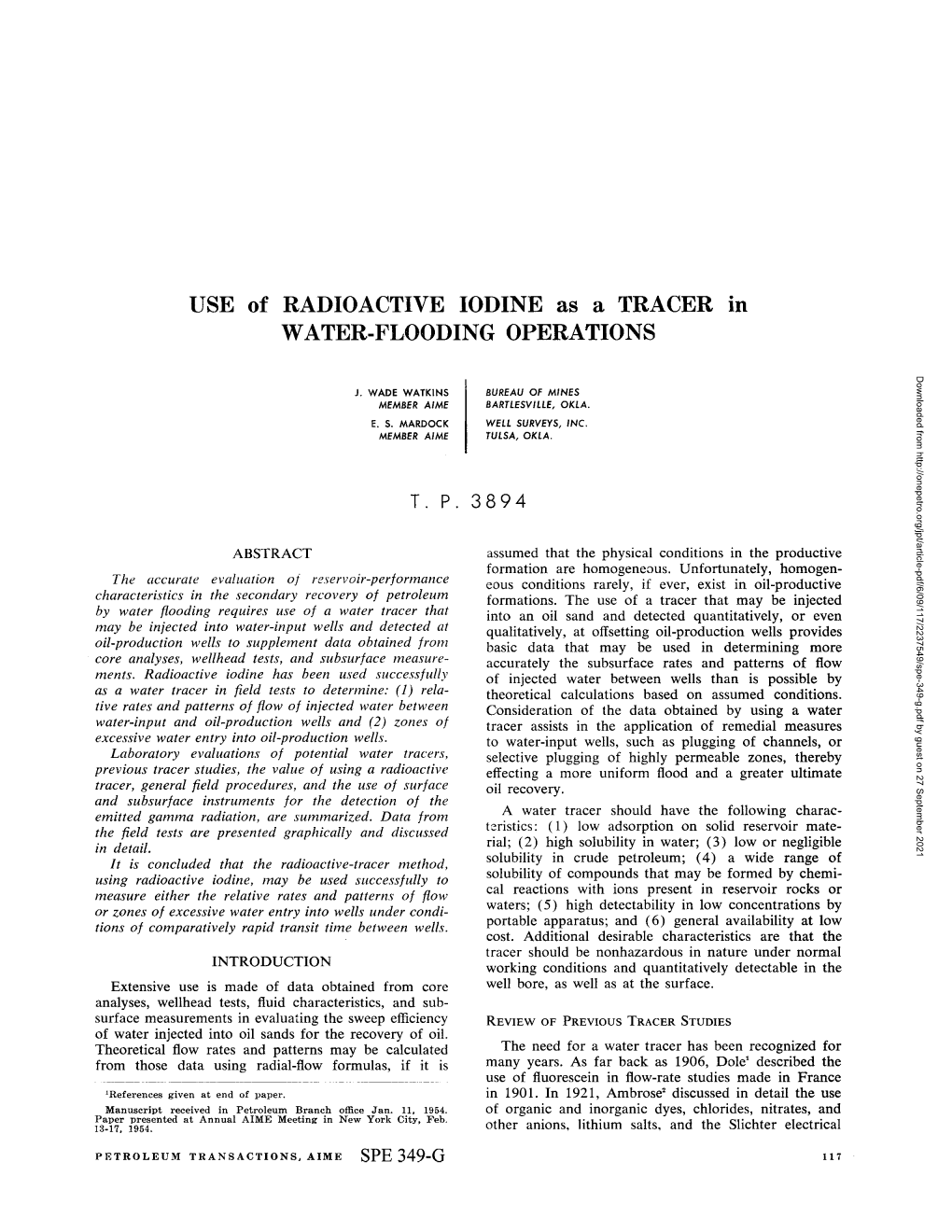 Use of Radioactive Iodine As a Tracer in Water-Flooding Operations