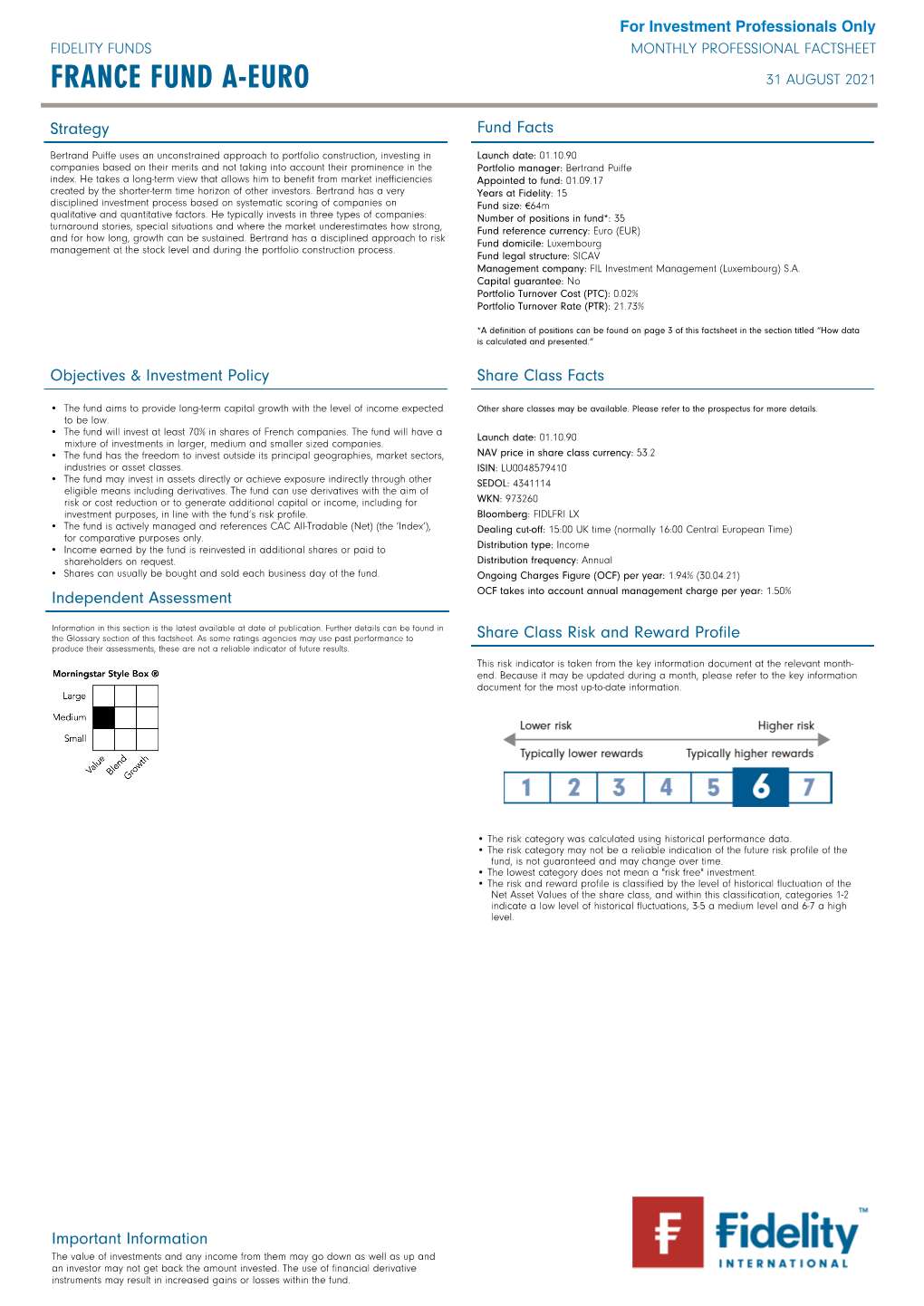 France Fund A-Euro for Investment Professionals Only FIDELITY FUNDS MONTHLY PROFESSIONAL FACTSHEET FRANCE FUND A-EURO 31 AUGUST 2021