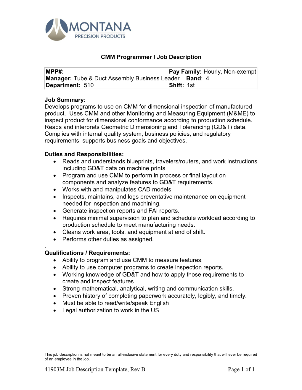 CMM Programmer I Job Description