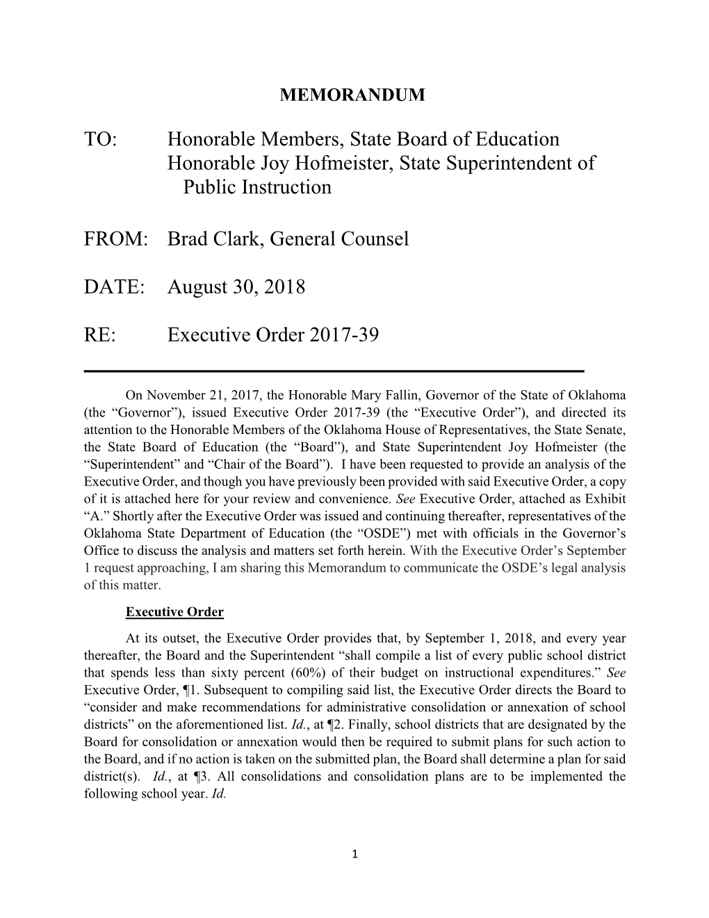 Memo from State Board of Education Attorney