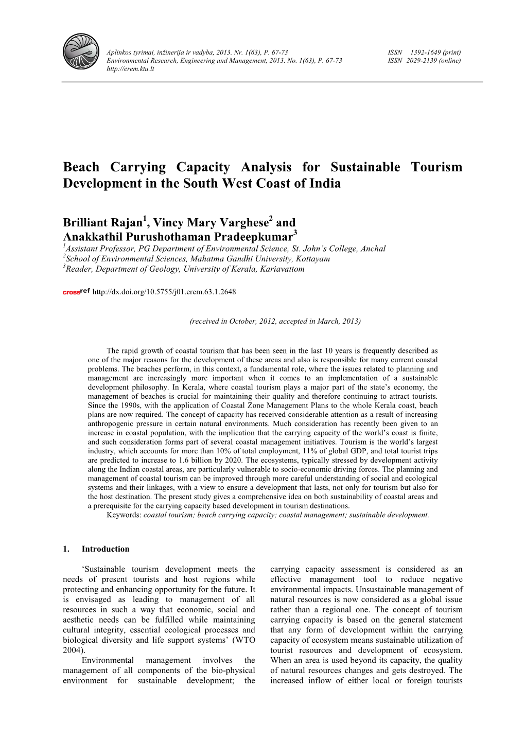 Beach Carrying Capacity Analysis for Sustainable Tourism Development in the South West Coast of India
