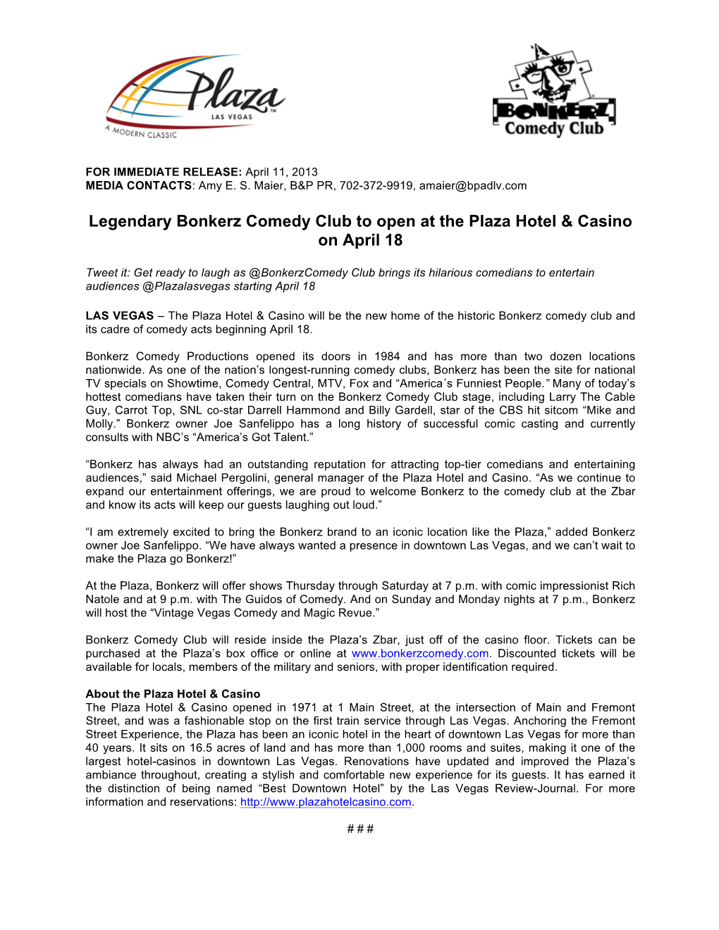 Legendary Bonkerz Comedy Club to Open at the Plaza Hotel & Casino