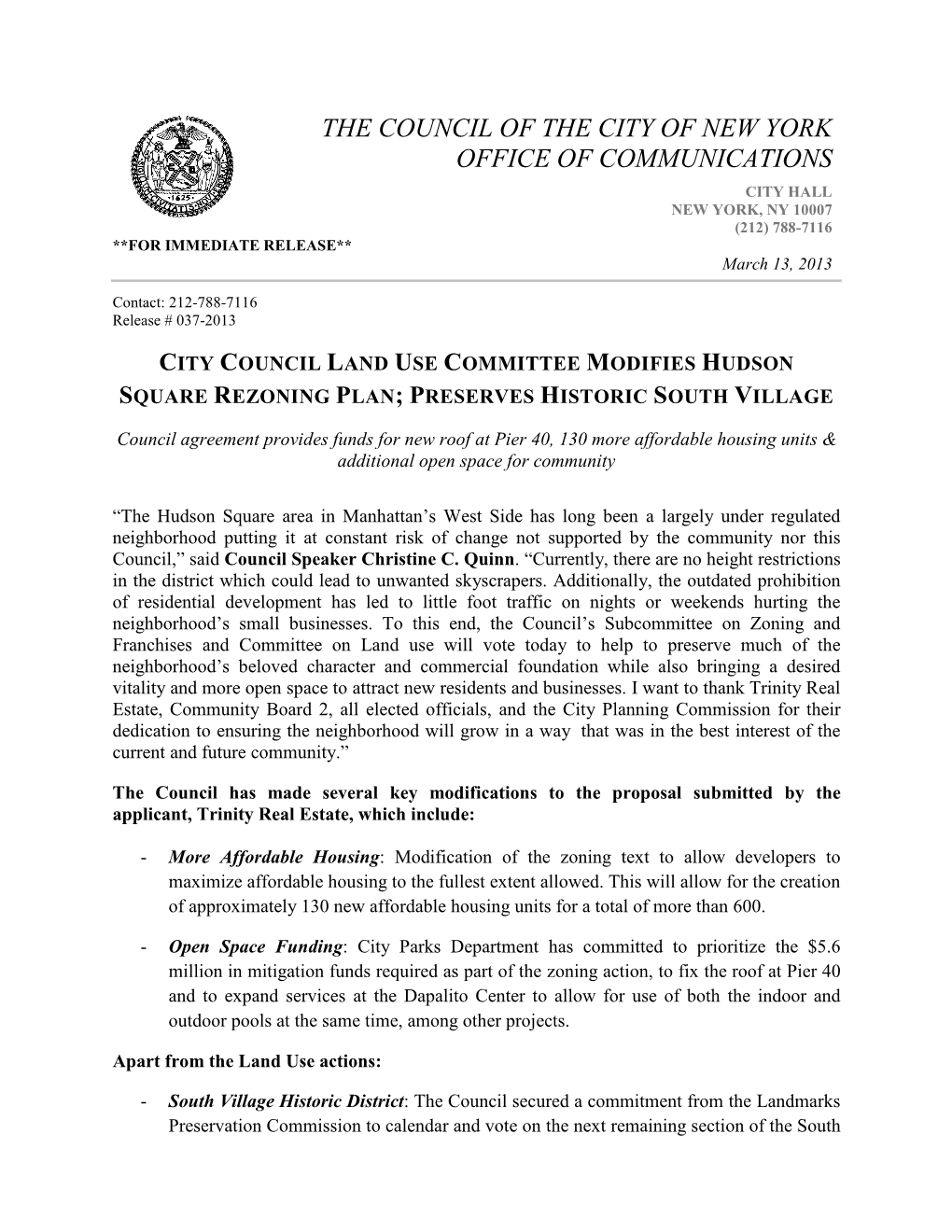 City Council Announcement Re: Hudson Sq. Rezoning and South