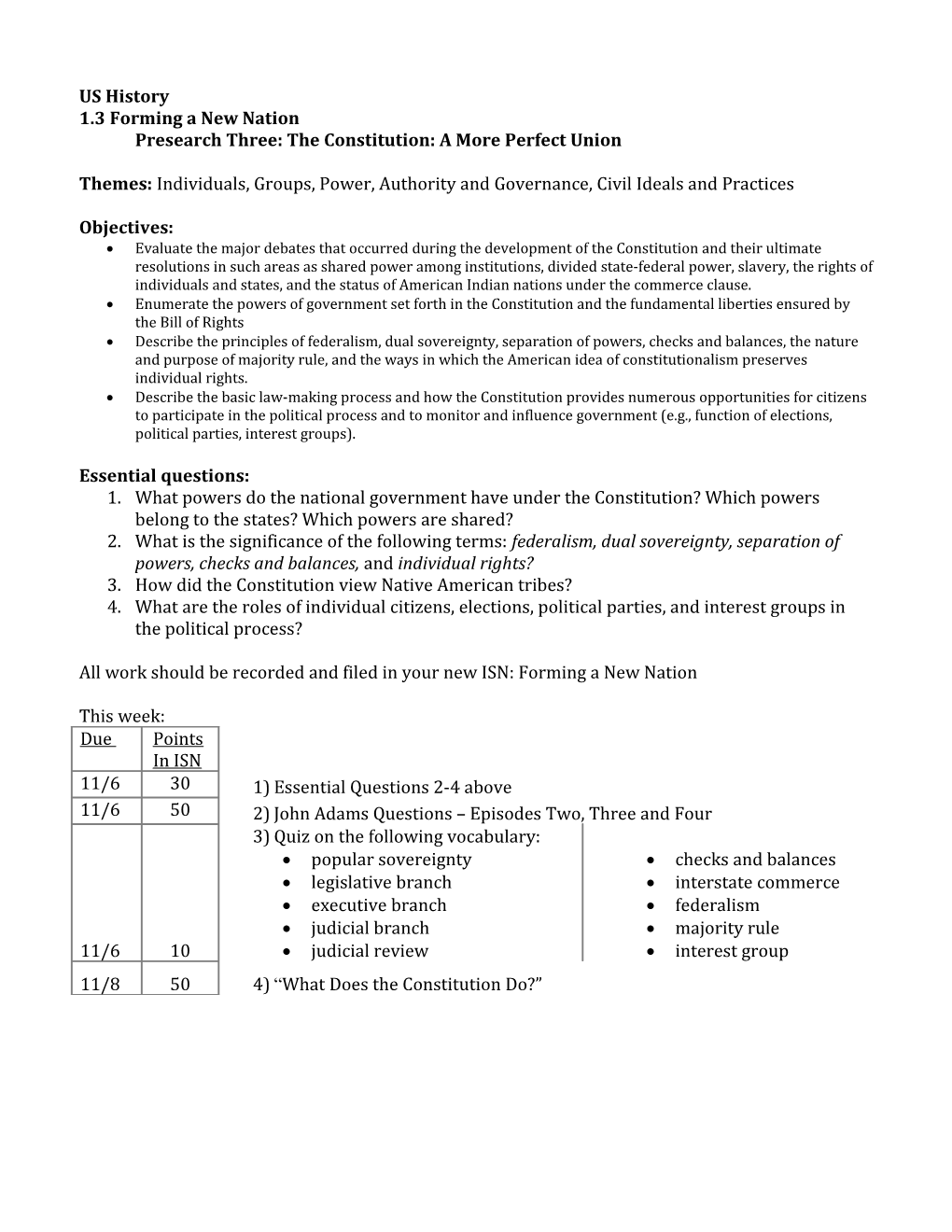 Presearch Three: the Constitution: a More Perfect Union