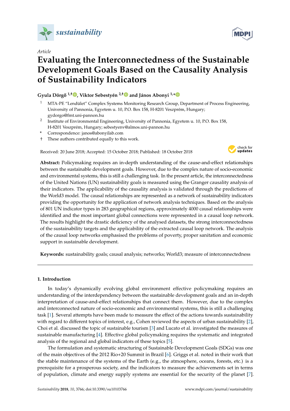 Evaluating the Interconnectedness of the Sustainable Development Goals Based on the Causality Analysis of Sustainability Indicators