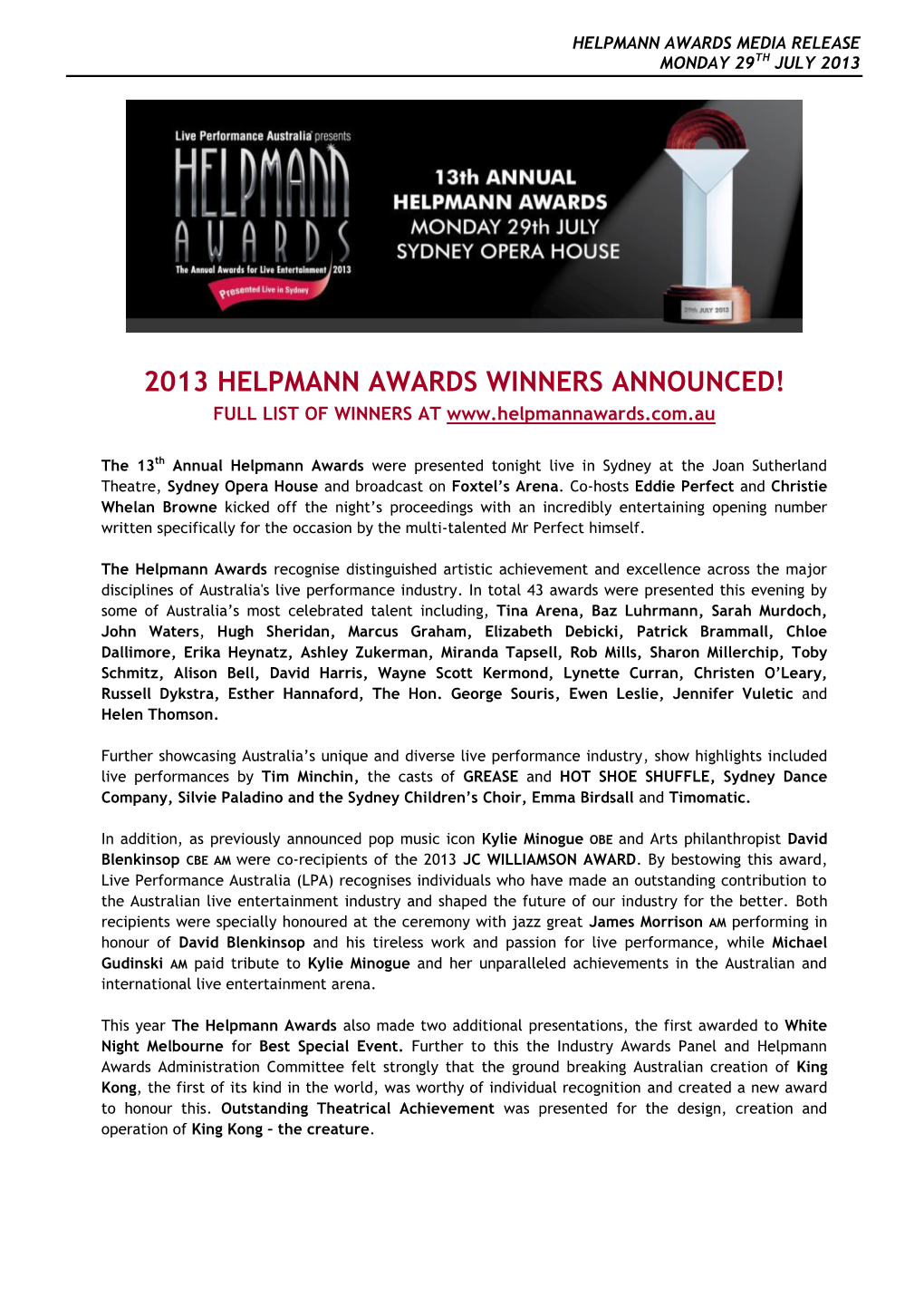 2013 Helpmann Awards Winners Announced! Full List of Winners At