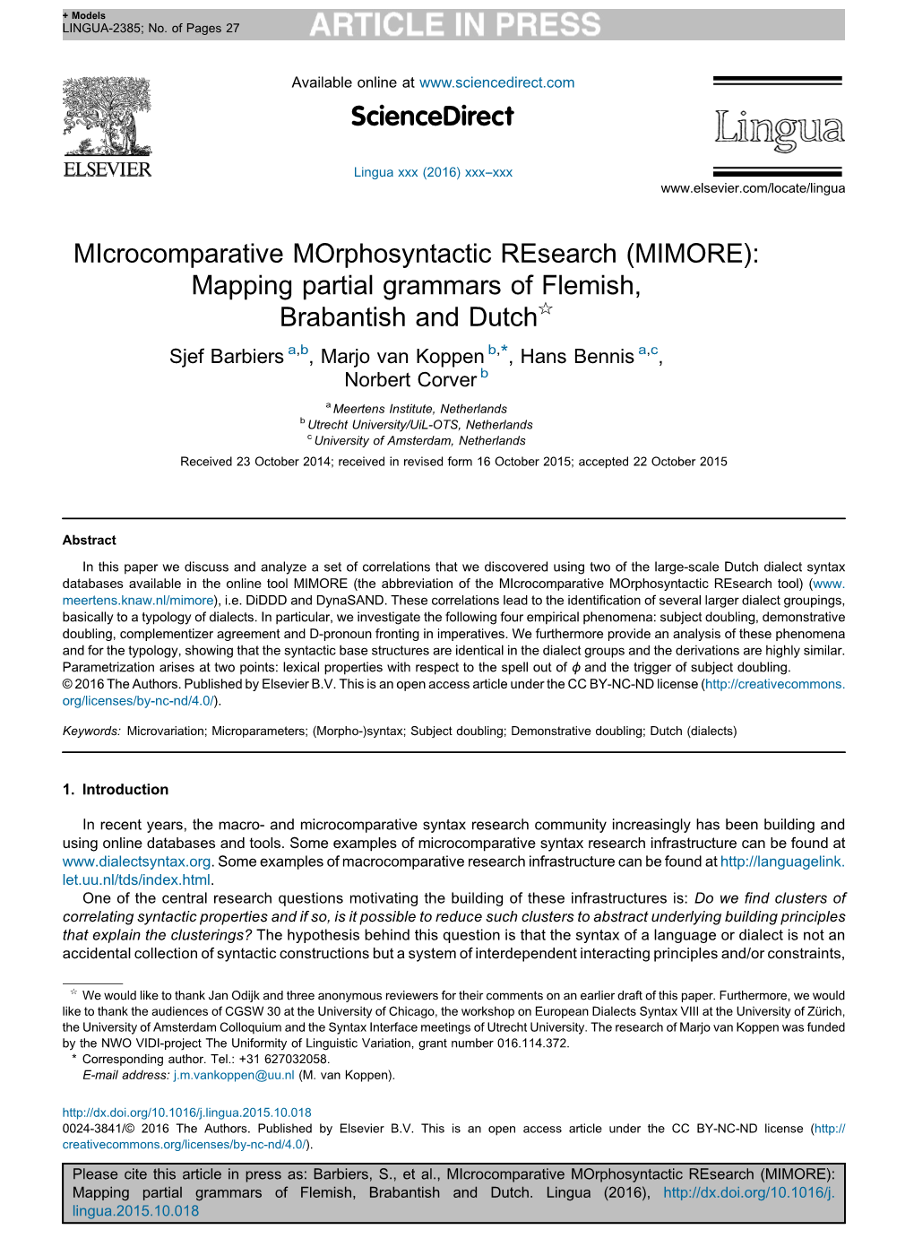 (MIMORE): Mapping Partial Grammars of Flemish, Brabantish and Dutch