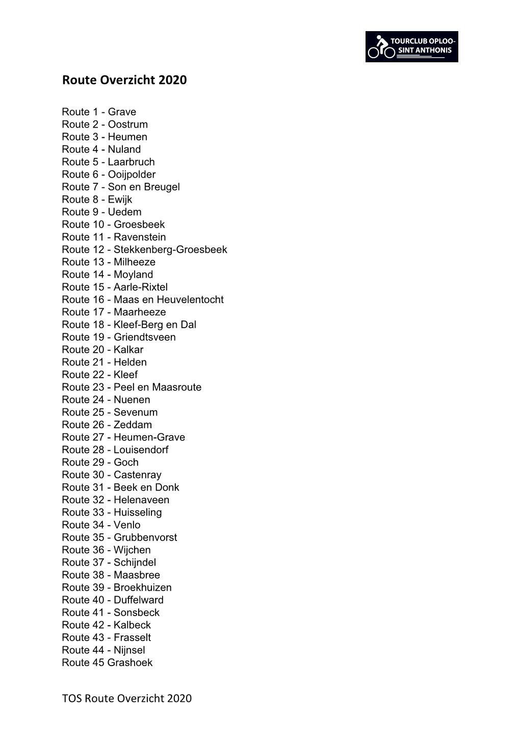 Route Overzicht 2020