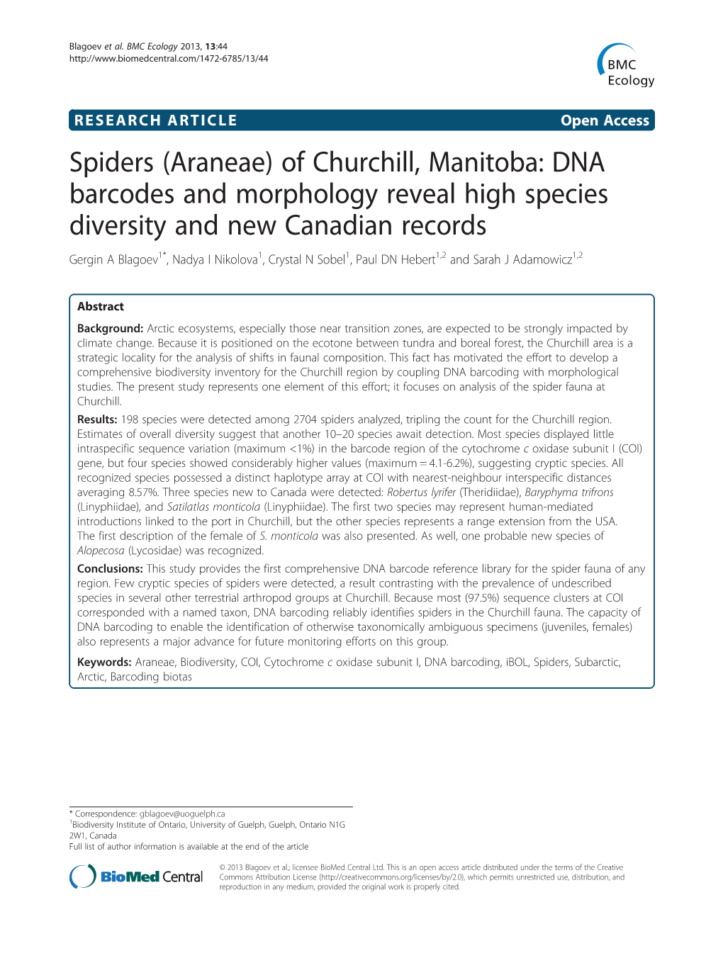 Spiders (Araneae) of Churchill, Manitoba: DNA Barcodes And