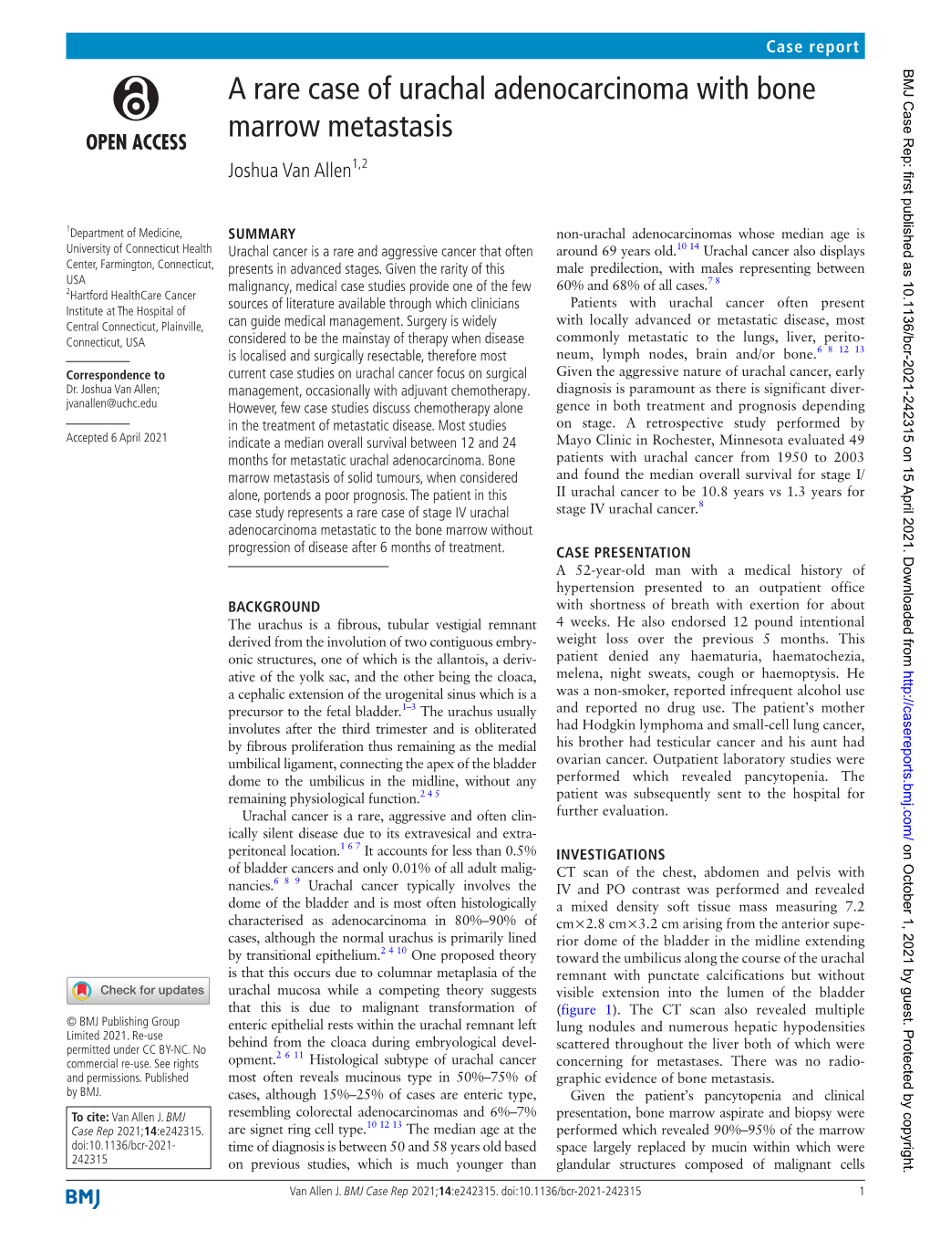 A Rare Case of Urachal Adenocarcinoma with Bone Marrow Metastasis Joshua Van Allen1,2