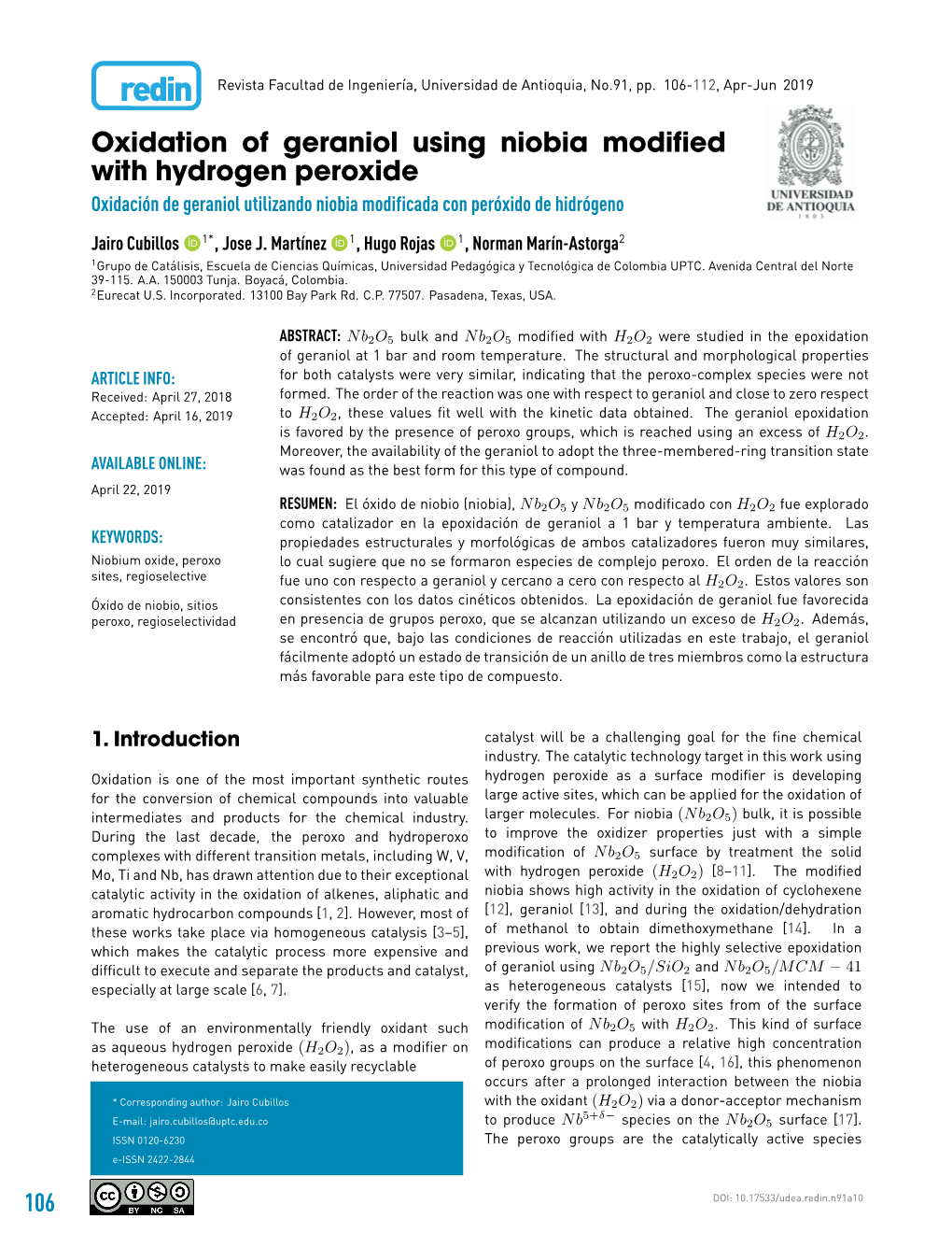 Oxidation of Geraniol Using Niobia Modified With