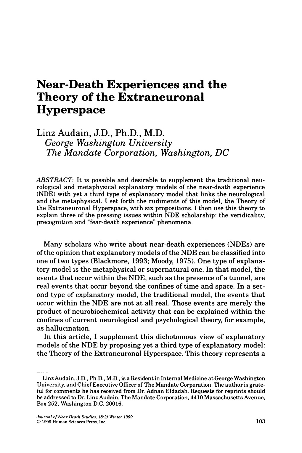 Near-Death Experiences and the Theory of the Extraneuronal Hyperspace