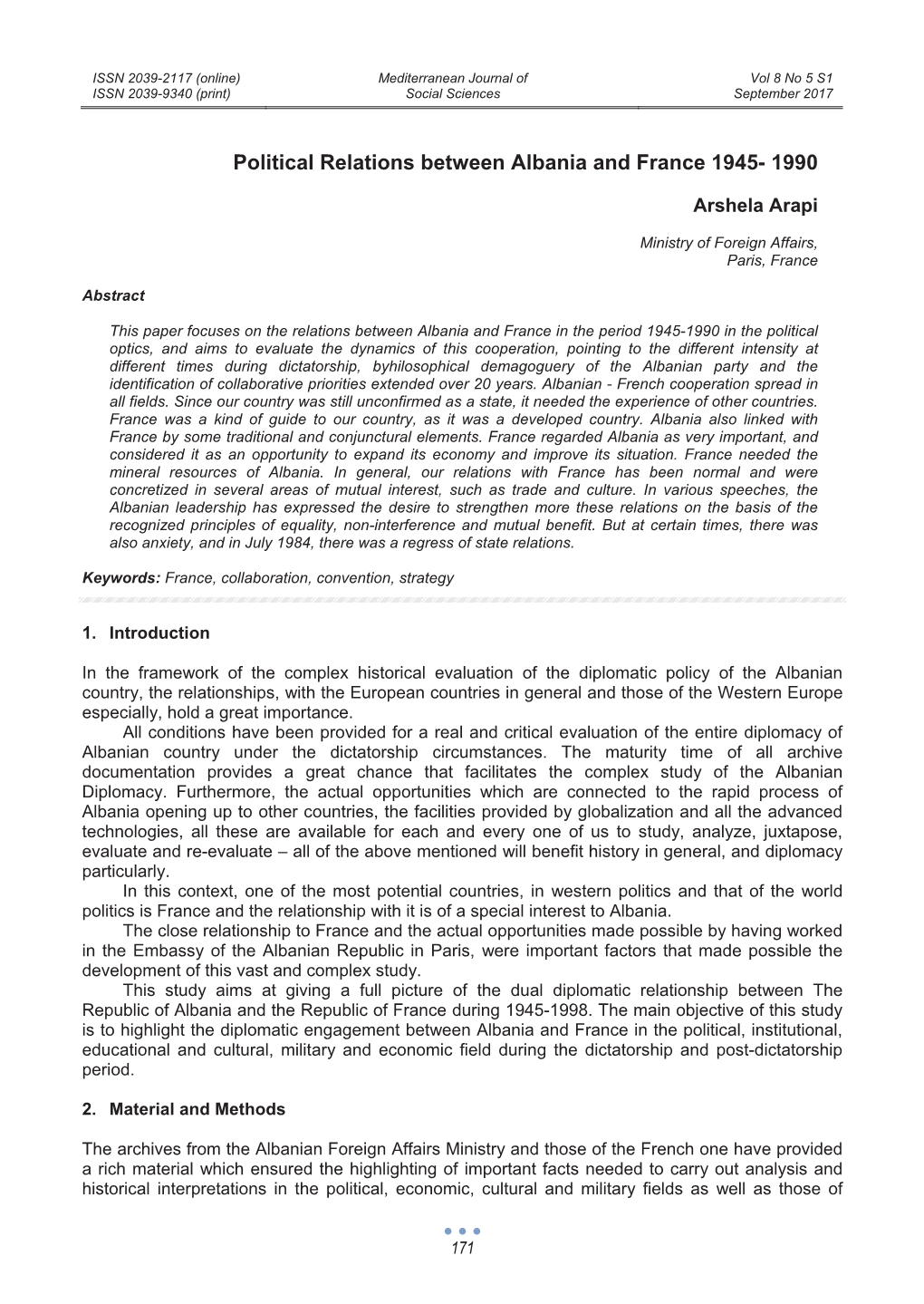 Political Relations Between Albania and France 1945- 1990