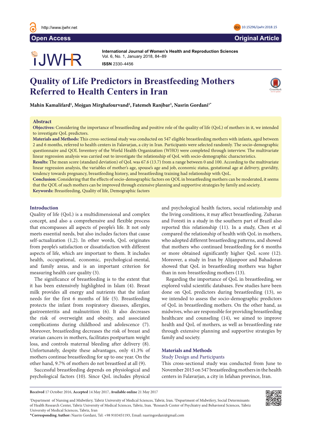 Quality of Life Predictors in Breastfeeding Mothers Referred to Health Centers in Iran