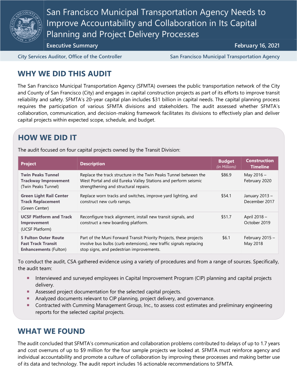 San Francisco Municipal Transportation Agency Needs to Improve Accountability and Collaboration in Its Capital Planning and Project Delivery Processes