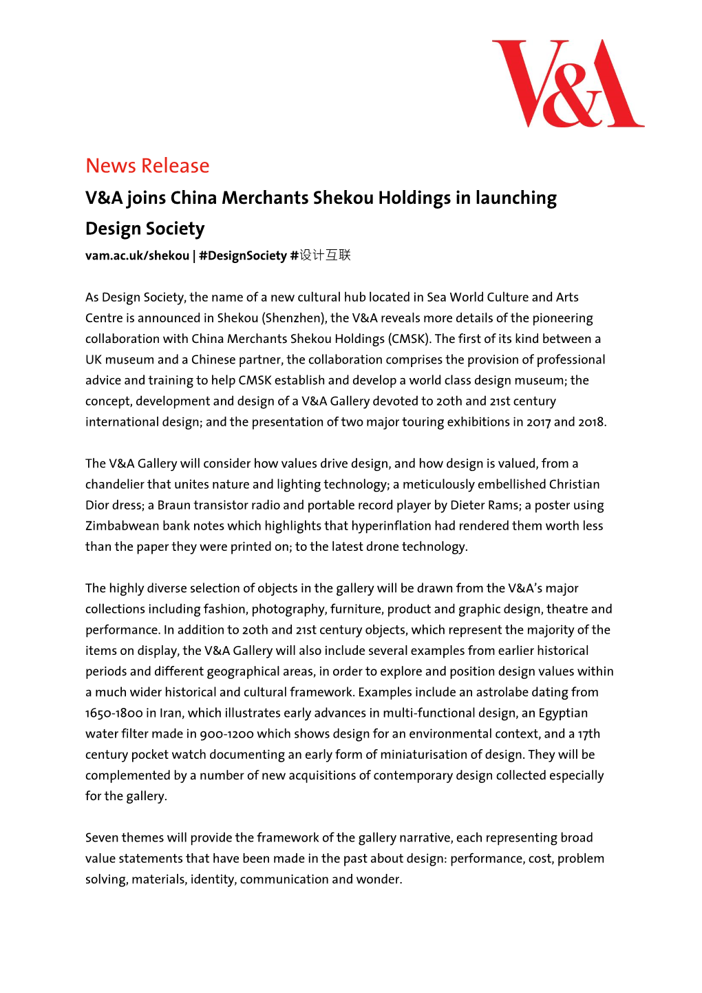 News Release V&A Joins China Merchants Shekou Holdings in Launching Design Society Vam.Ac.Uk/Shekou | #Designsociety #设计互联